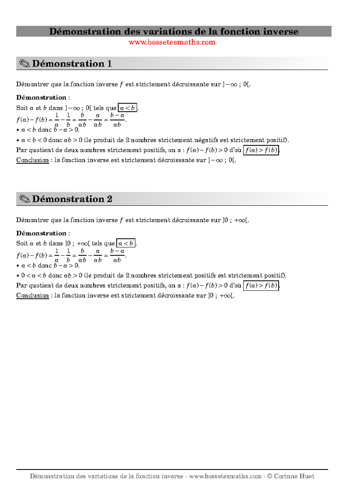 Démonstration des variations de la fonction inverse - Maths 101 - Studocu
