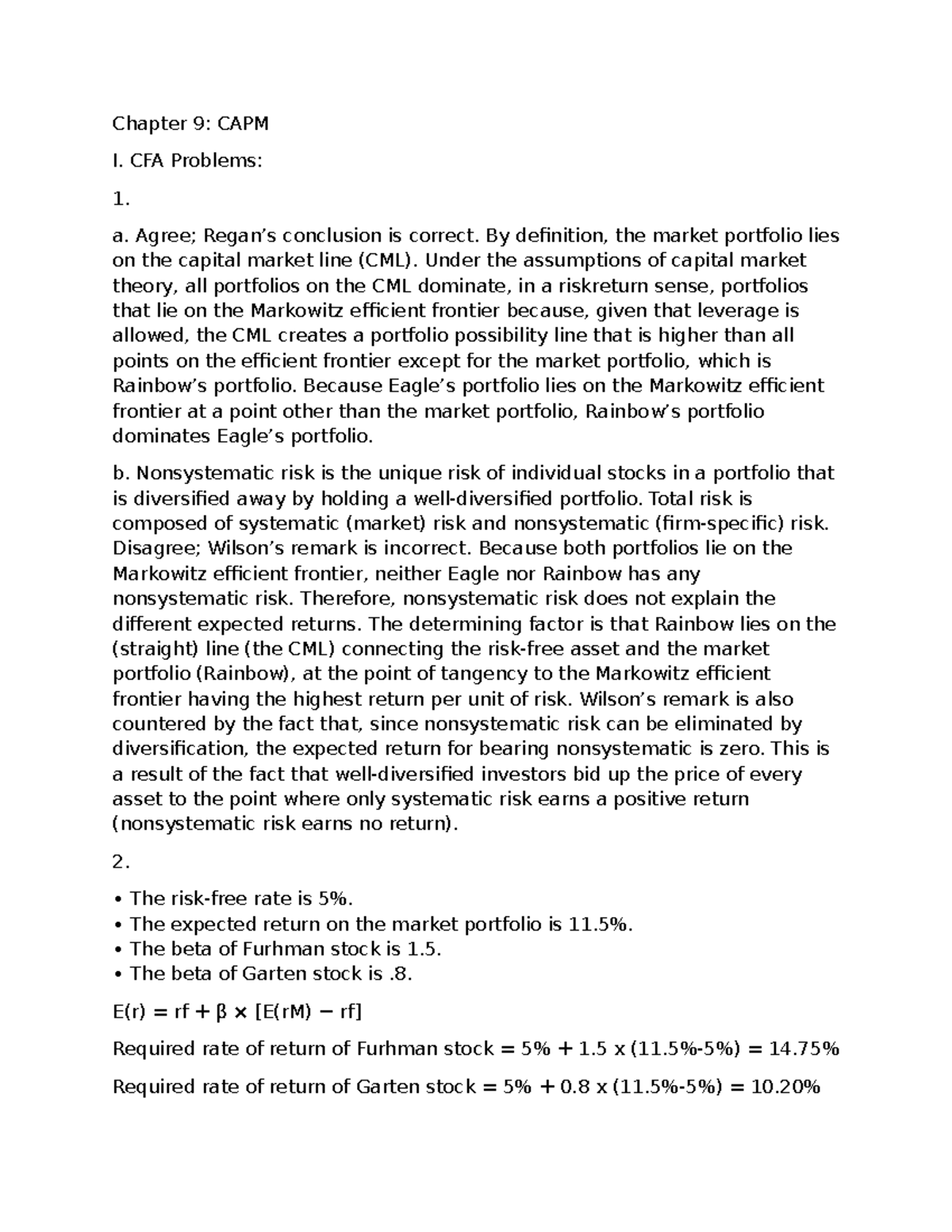 Chapter 9: CAPM - Exercises and Problems Analysis - Studocu