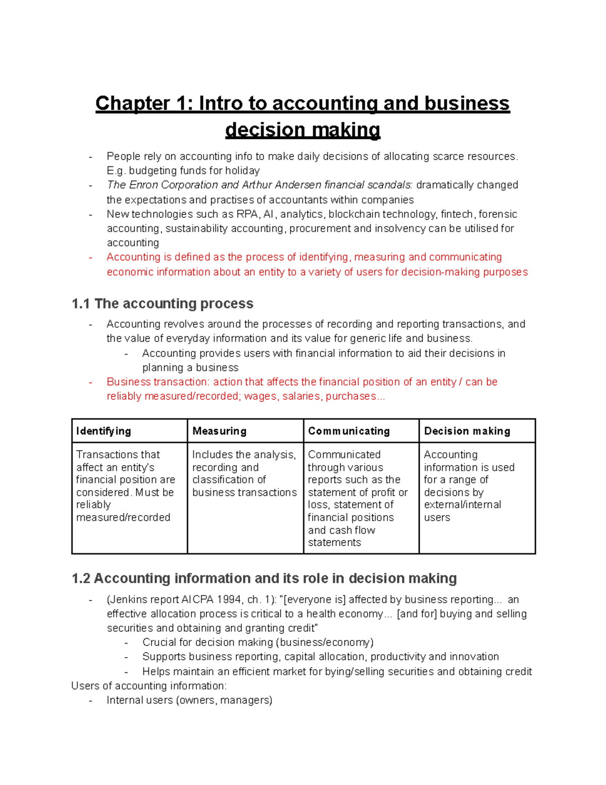 BUSN1001 Chapter 1: Intro to Accounting & Decision Making Notes - Studocu