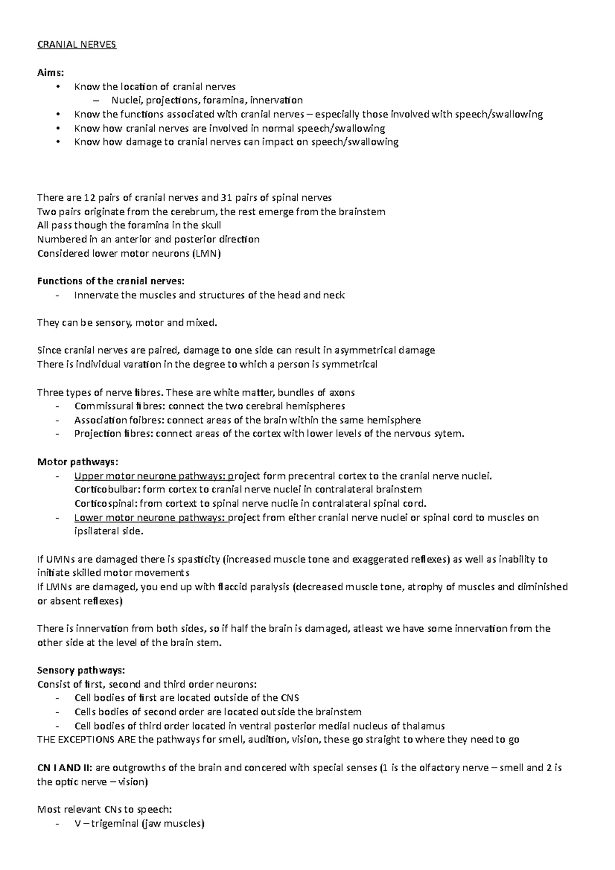 Cranial Nerves Overview: Modules 6-7 Study Guide for Speech Functions ...