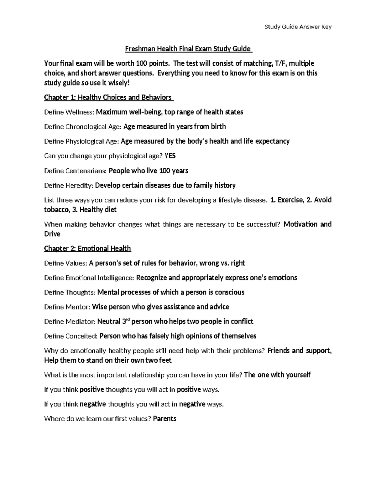 Final Exam Study Guide Answers - Freshman Health Final Exam Study Guide ...