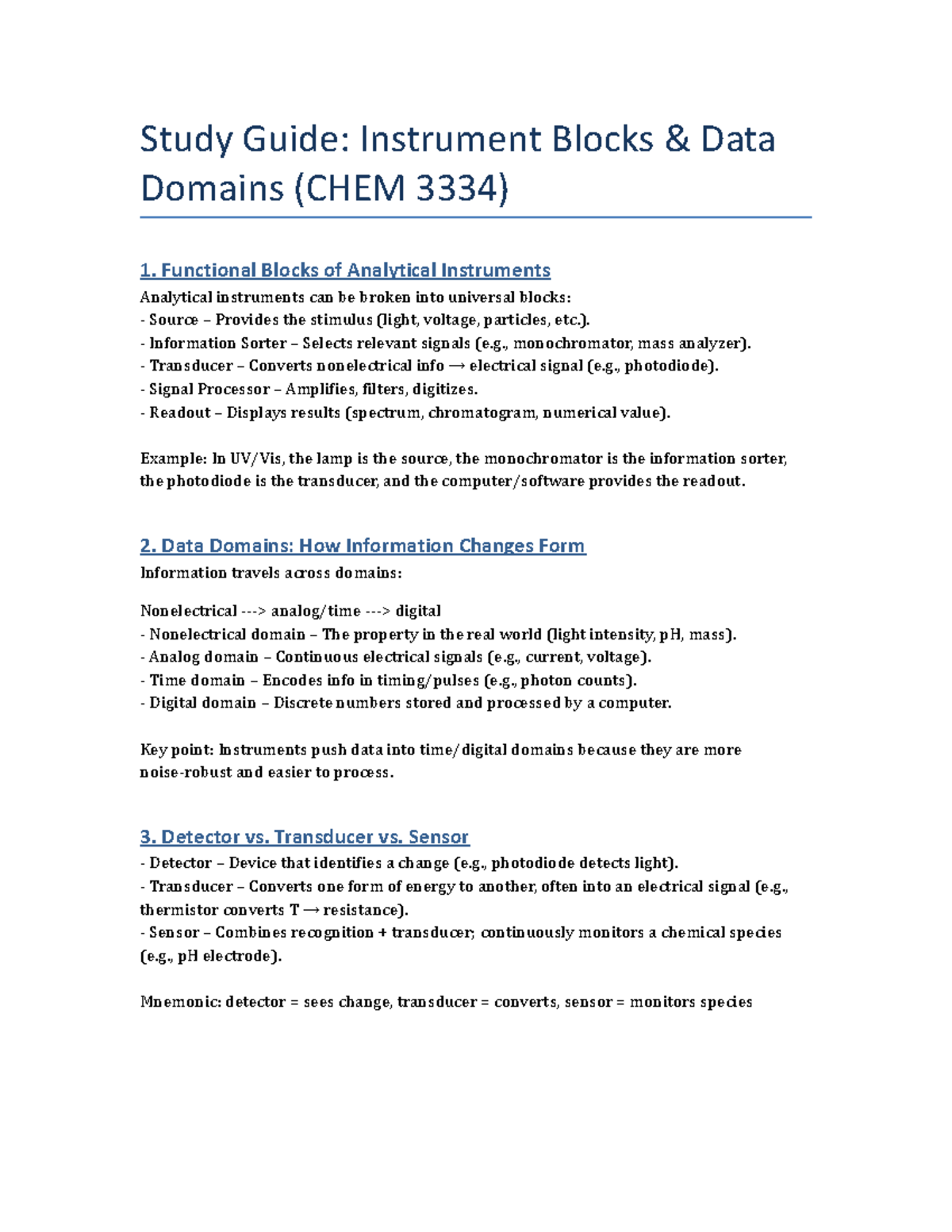 Study Guide: Instrument Blocks & Data Domains (CHEM 3334) - Studocu