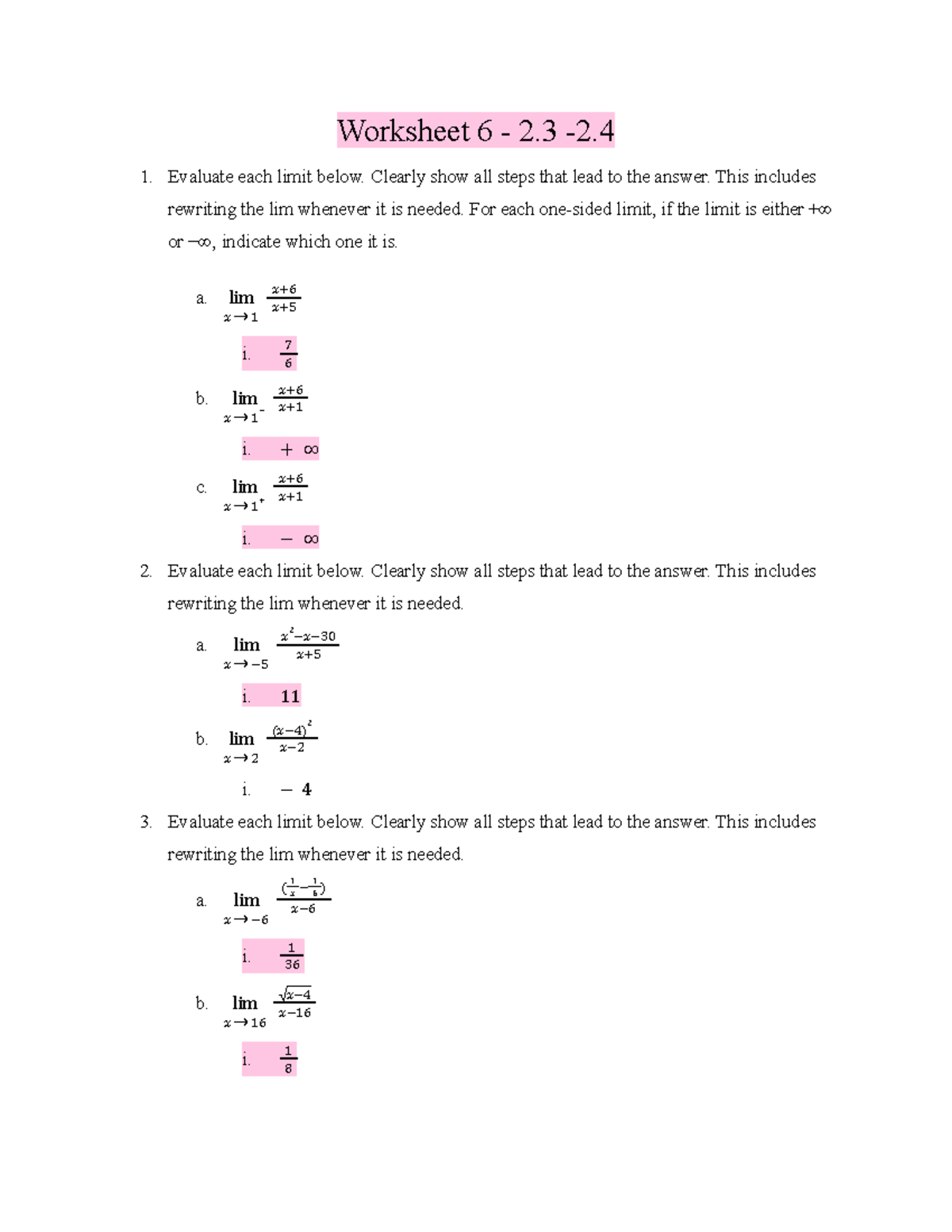 Limits Evaluation Worksheet 6: Step-by-Step Solutions - Studocu
