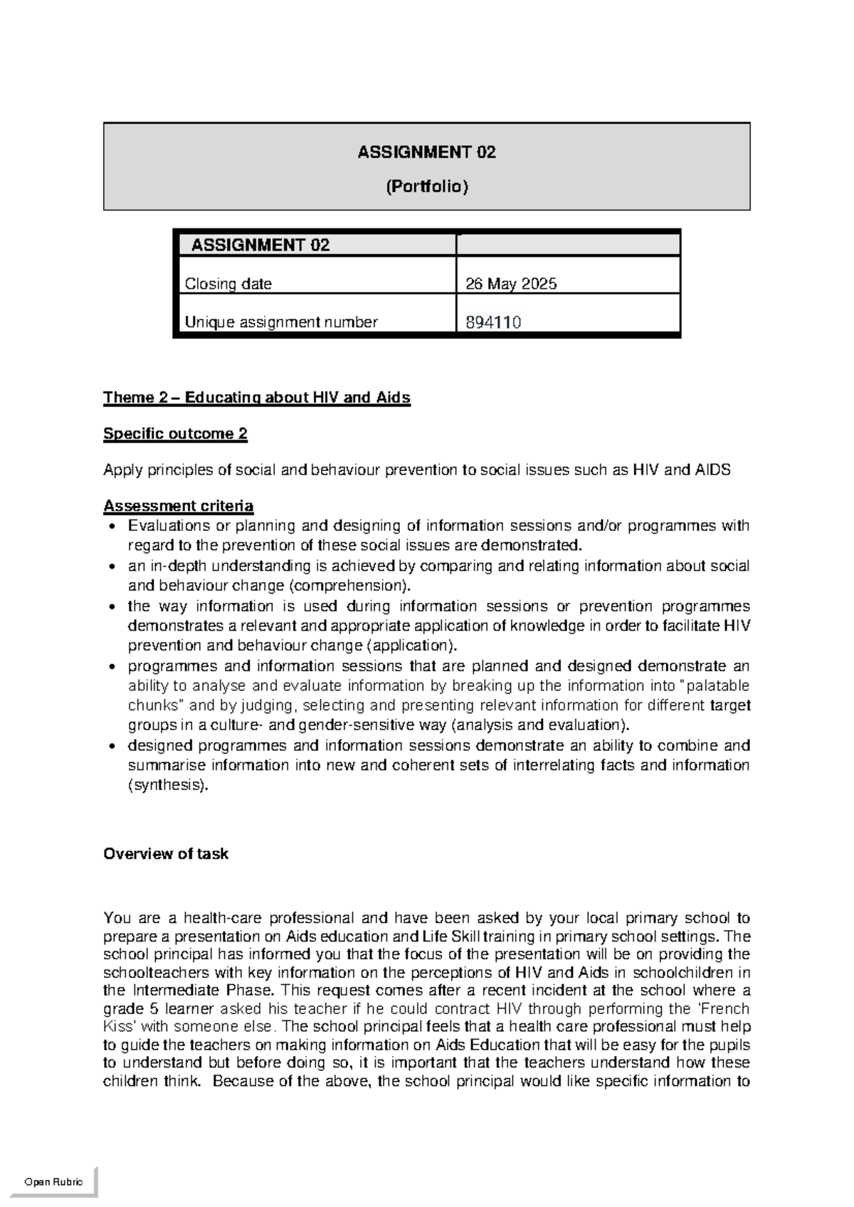 PYC4806 Assignment 02: HIV & AIDS Education Presentation Guide - Studocu