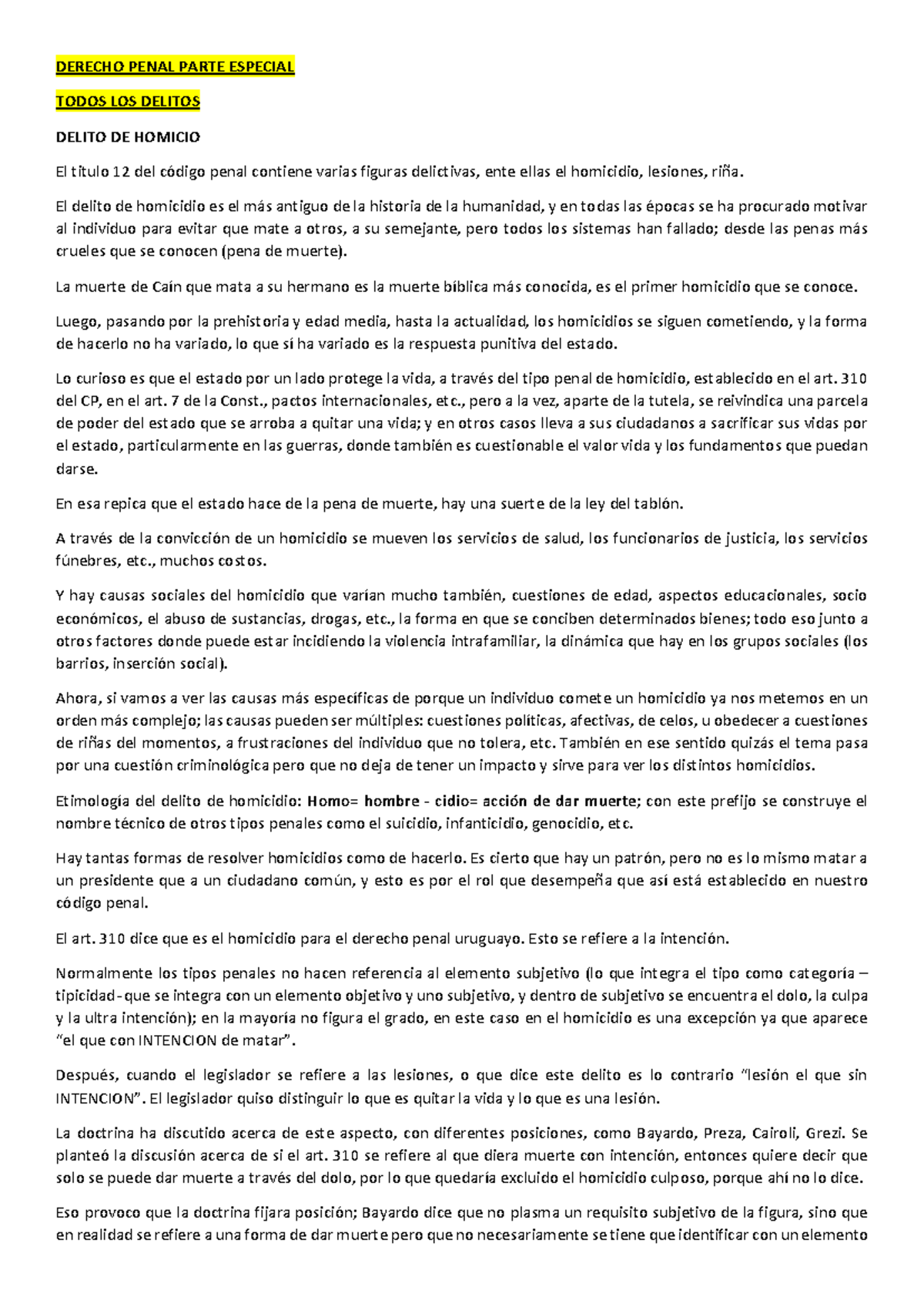 Derecho Penal Parte Especial: Análisis del Delito de Homicidio - Studocu