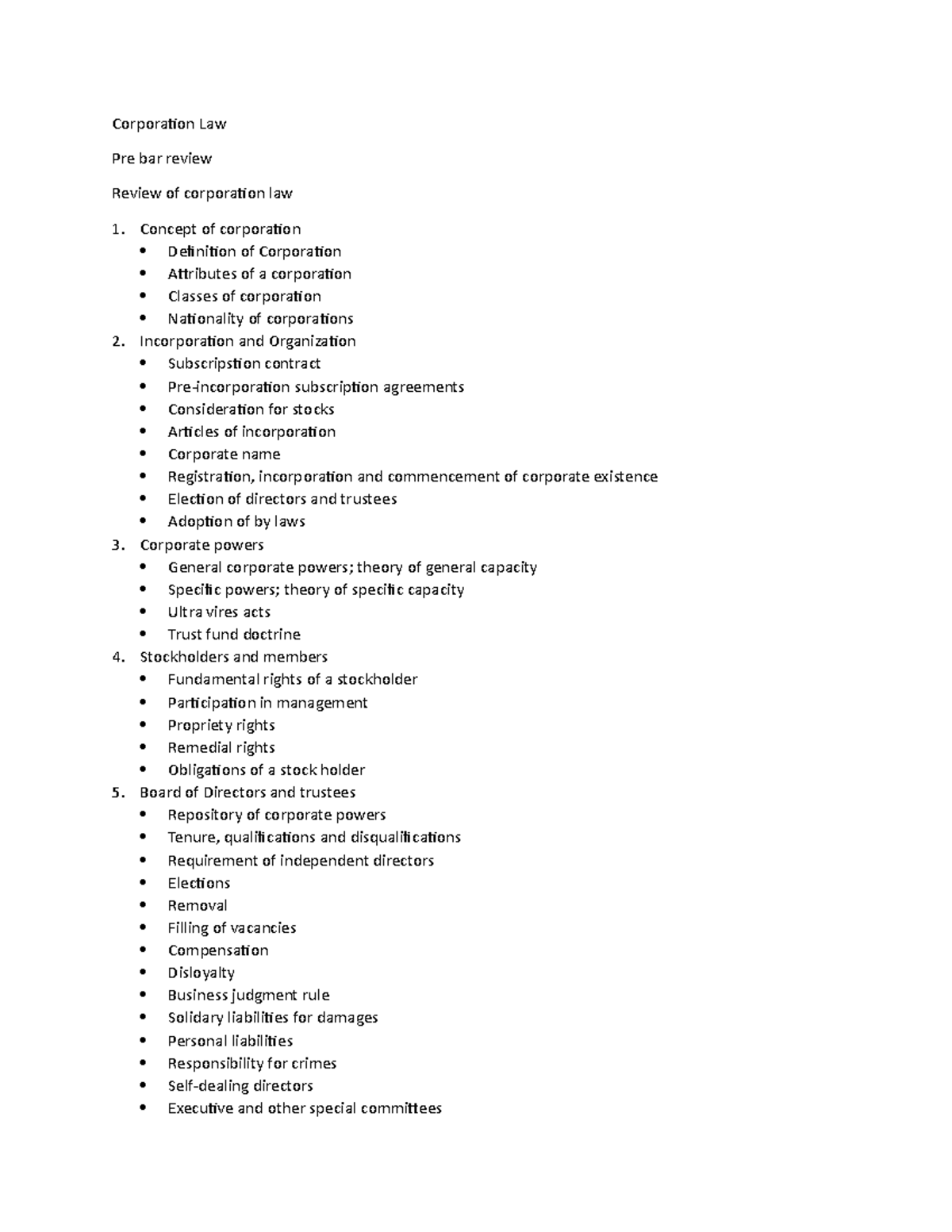Corporation Law - Lecture notes 11 - Corporation Law Pre bar review ...