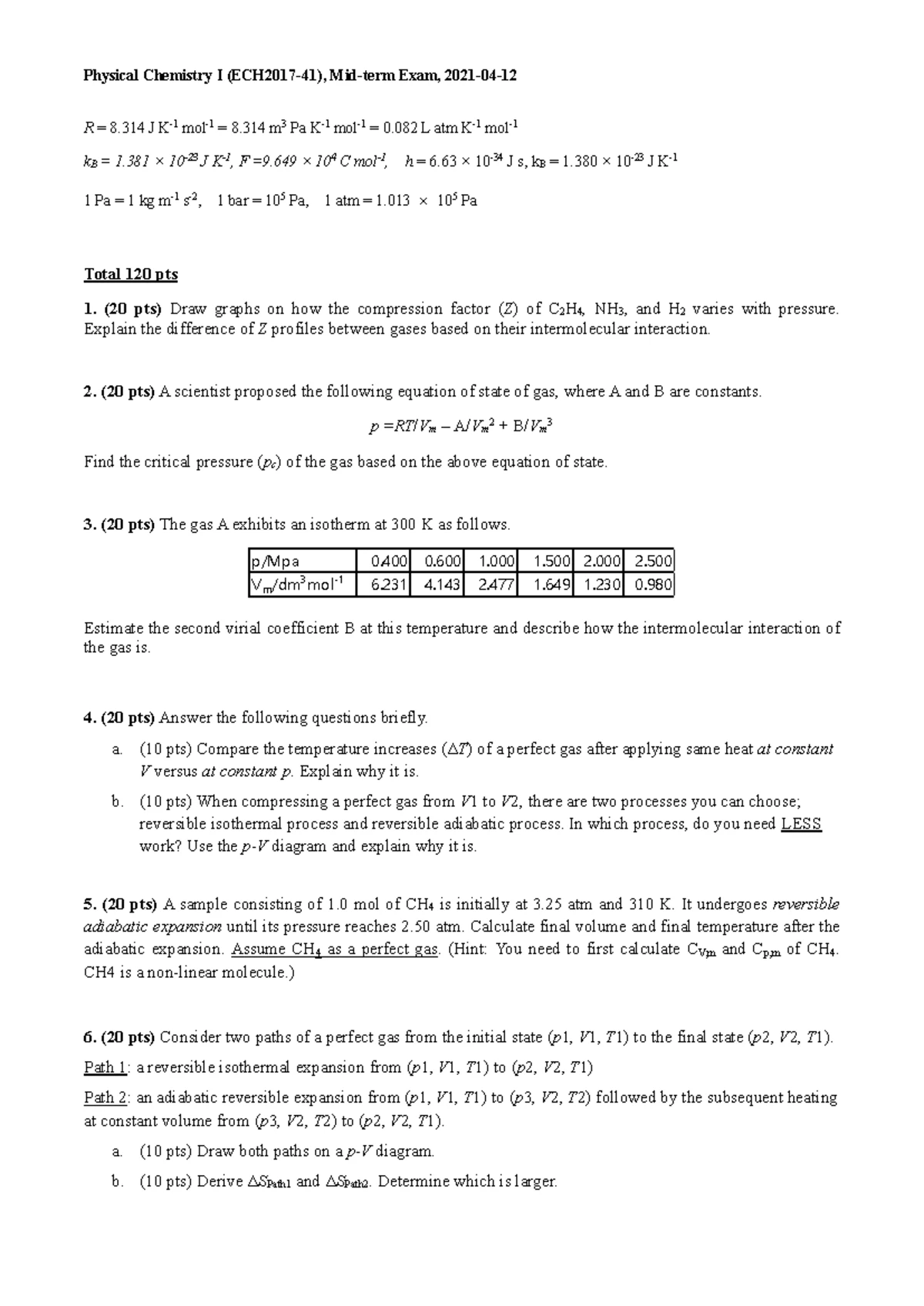 Physical chemistry I final exam study guide and solutions - Studocu
