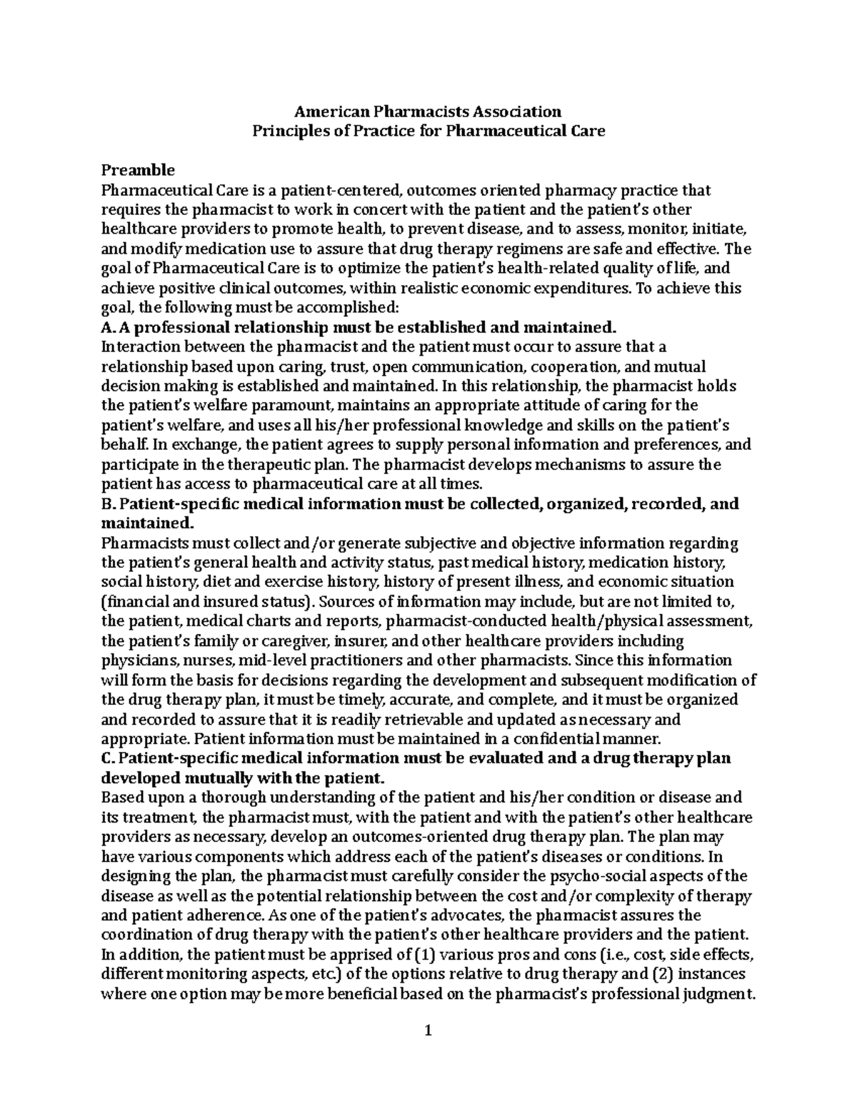APhA Principles of Practice for Pharmaceutical Care: A Comprehensive ...