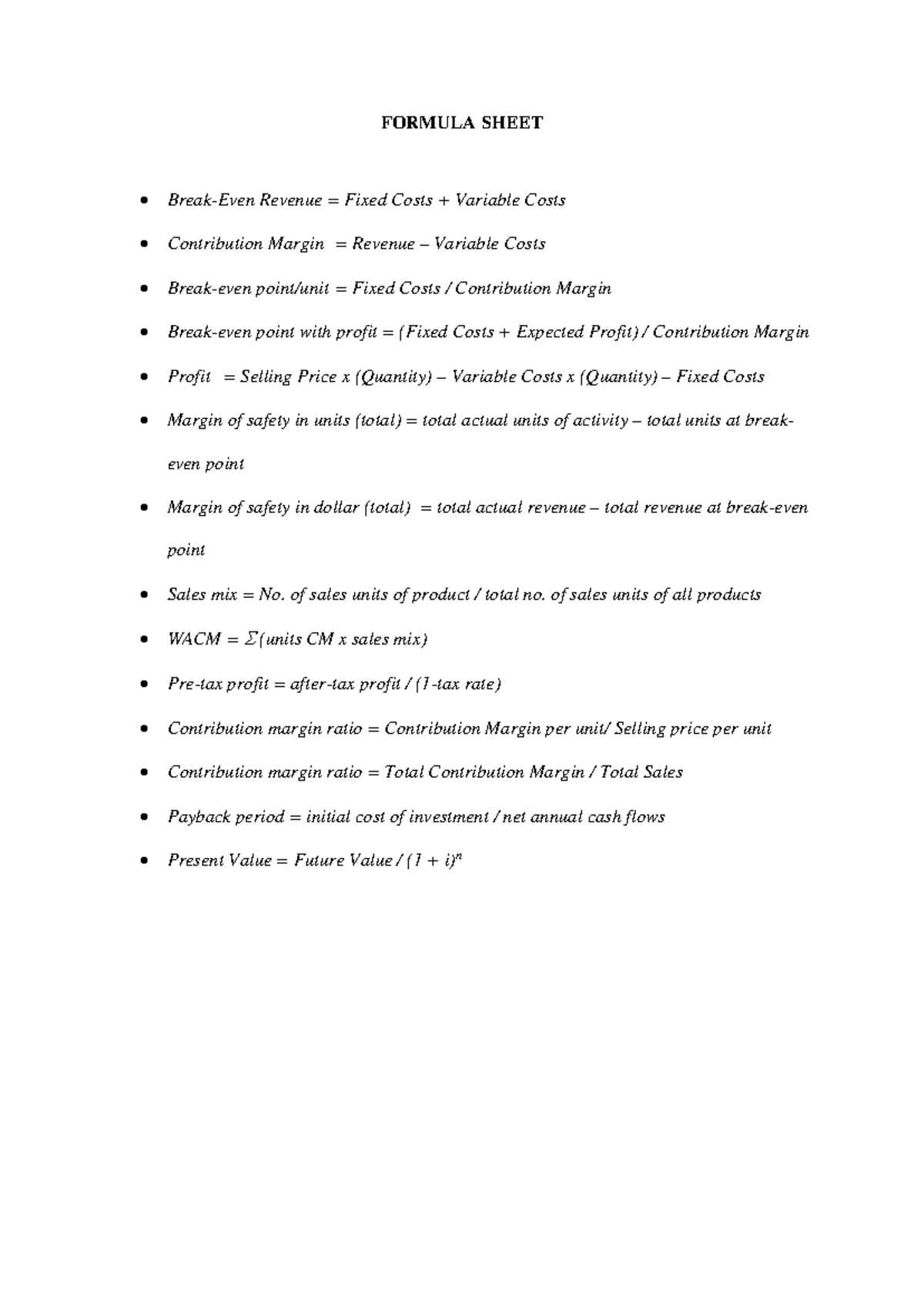 FDM-BE-CVP Break-Even Analysis Formula Sheet - Studocu