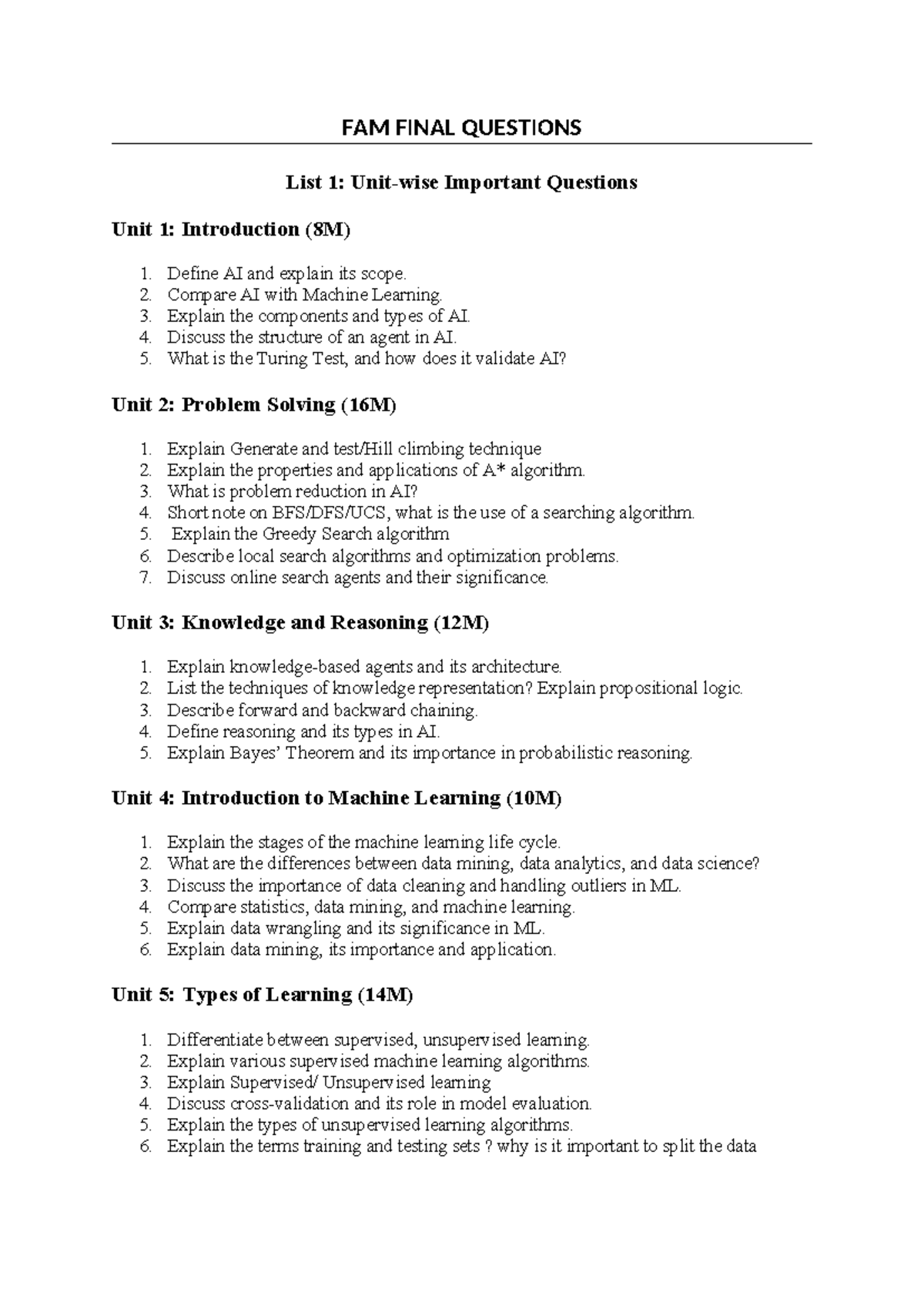 FAM Final Q's - fam - FAM FINAL QUESTIONS List 1: Unit-wise Important ...