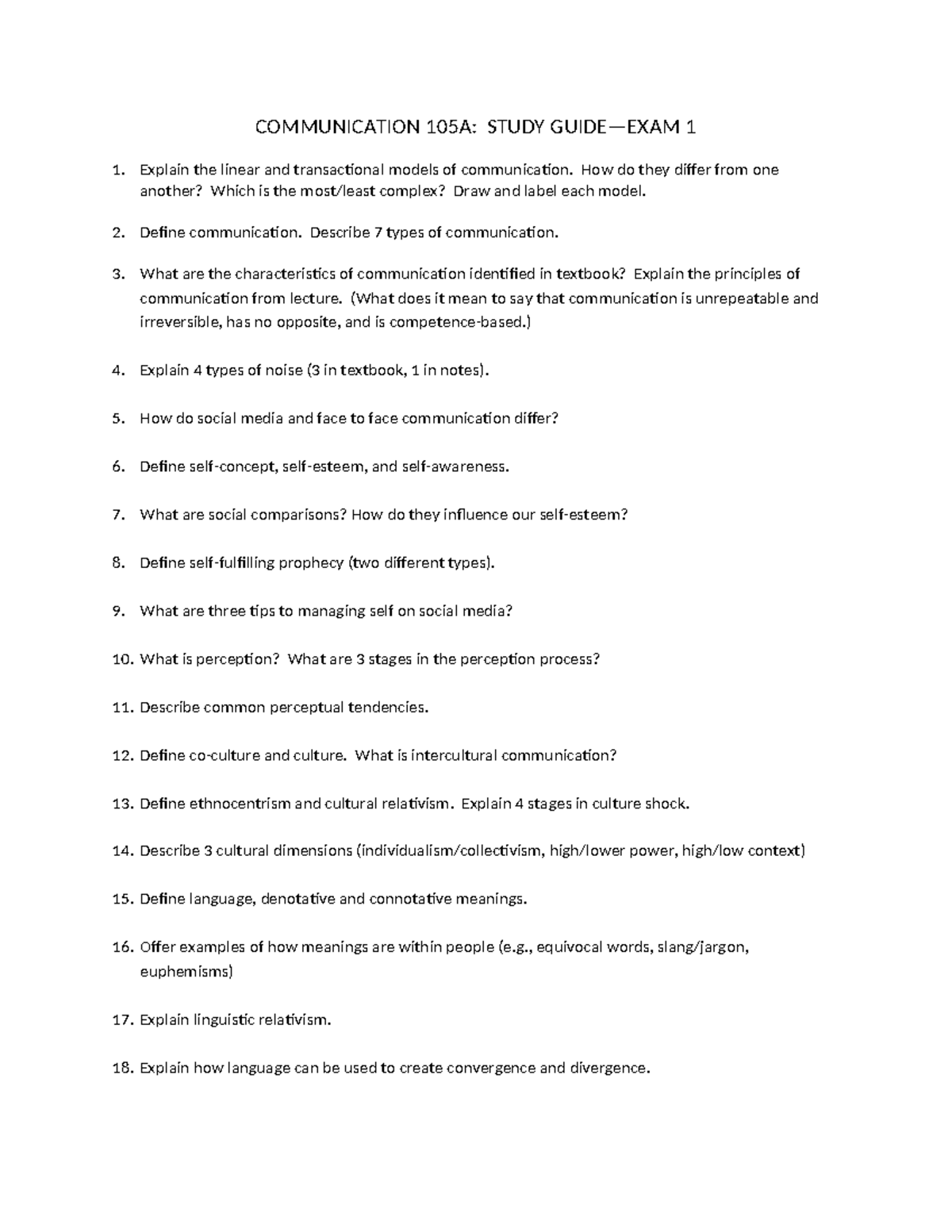 COMMUNICATION 105A: STUDY GUIDE FOR EXAM 1 - KEY CONCEPTS & MODELS ...
