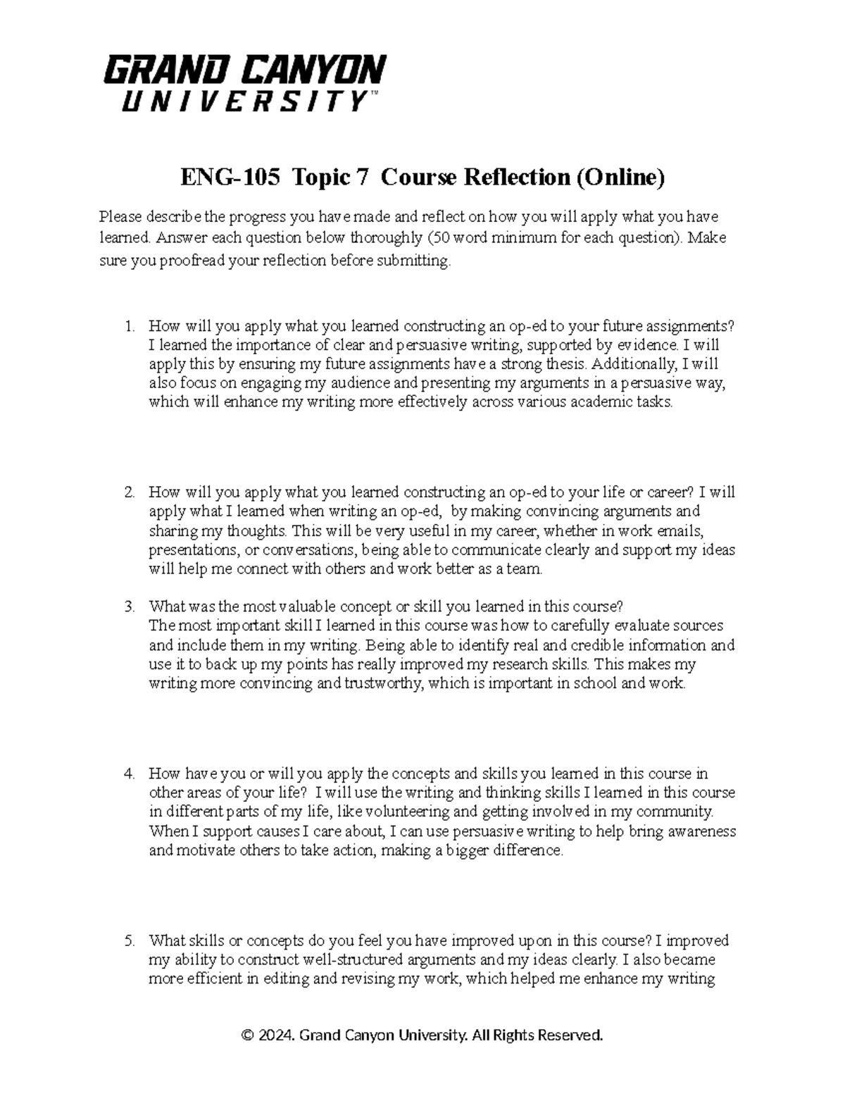 ENG-105ONL-T7-Reflection on Learning & Future Application - Studocu