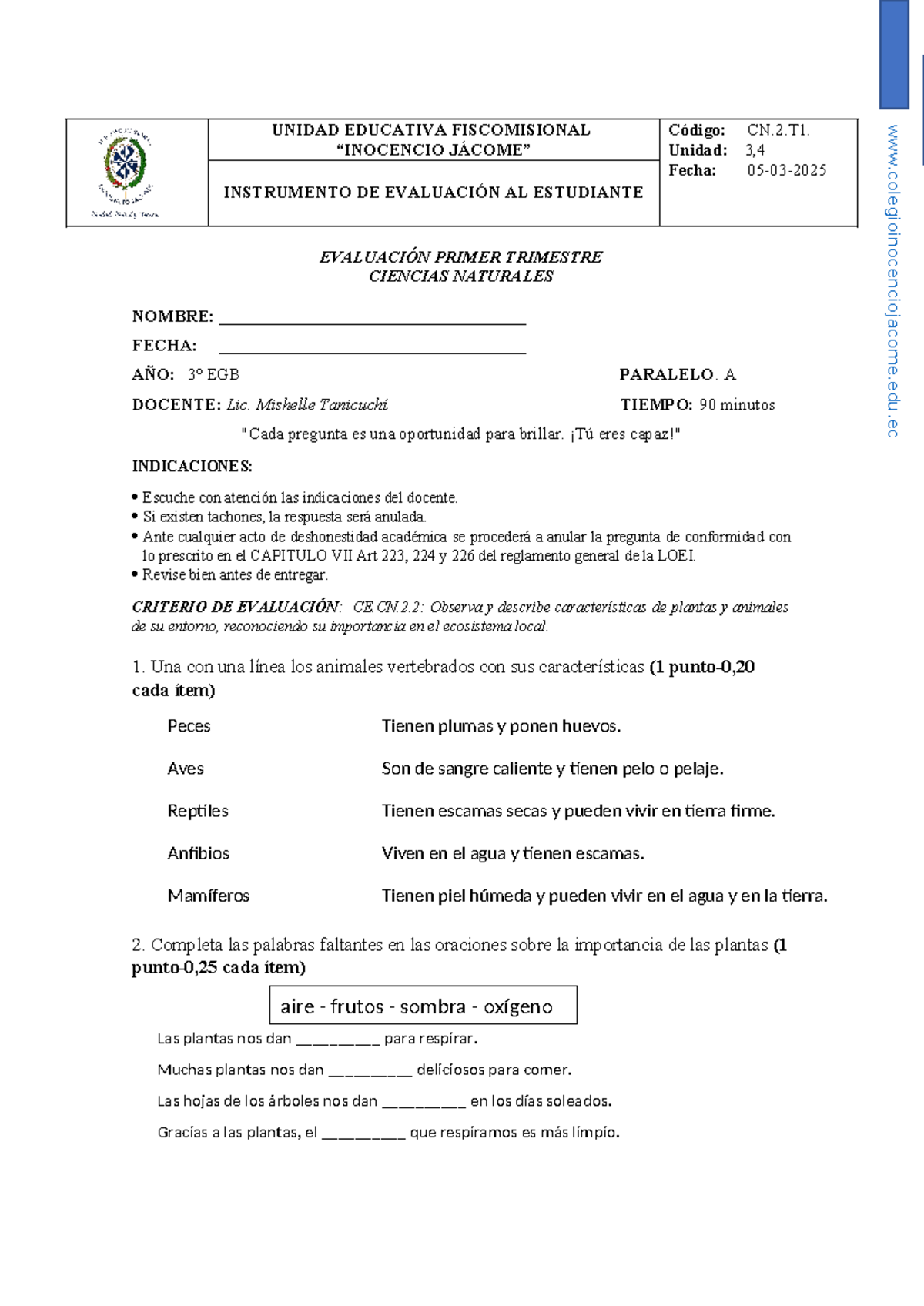 Evaluación Primer Trimestre Ciencias Naturales 3° EGB - CN.2 - Document Preview