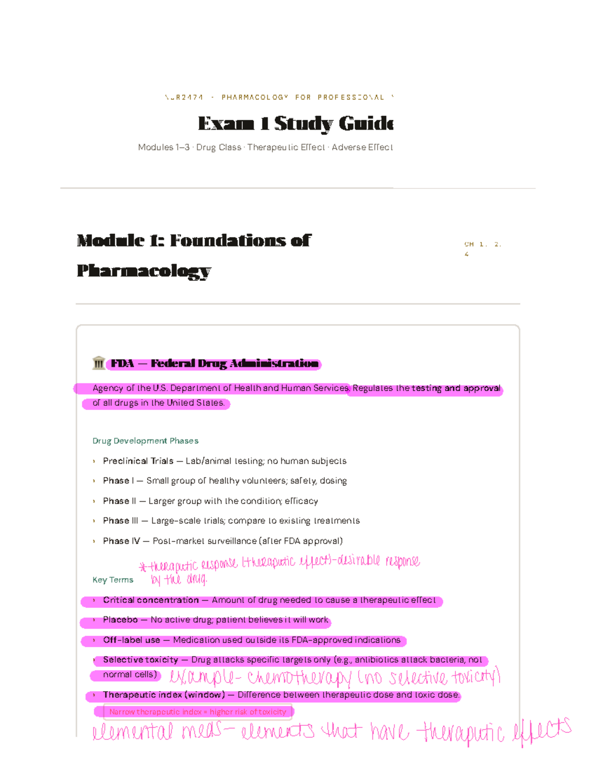NUR2474 PHARMACOLOGY FOR PROFESSIONAL NURSING Exam 1 Study Guide - Studocu