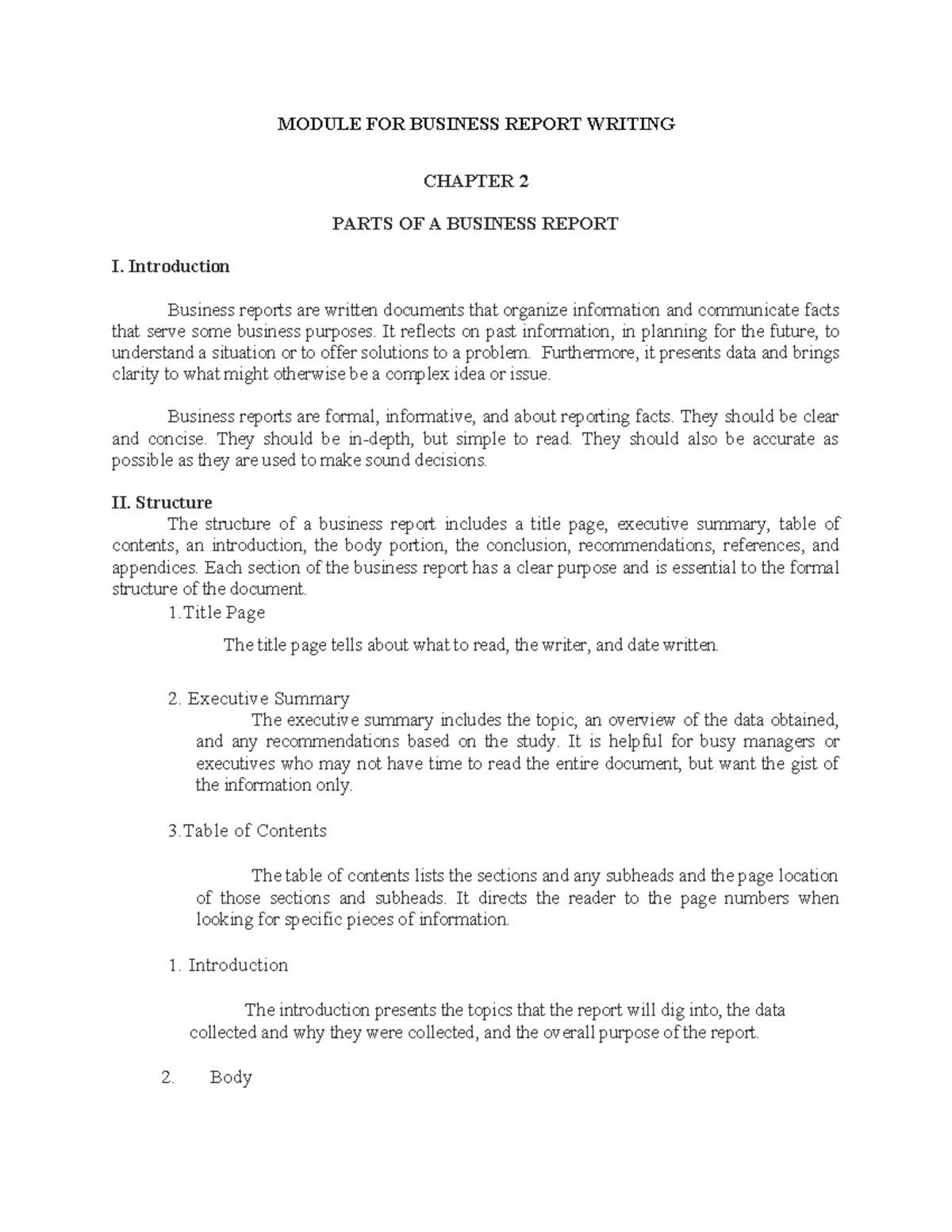 BUS 101: Chapter 2 - Parts of a Business Report - Studocu