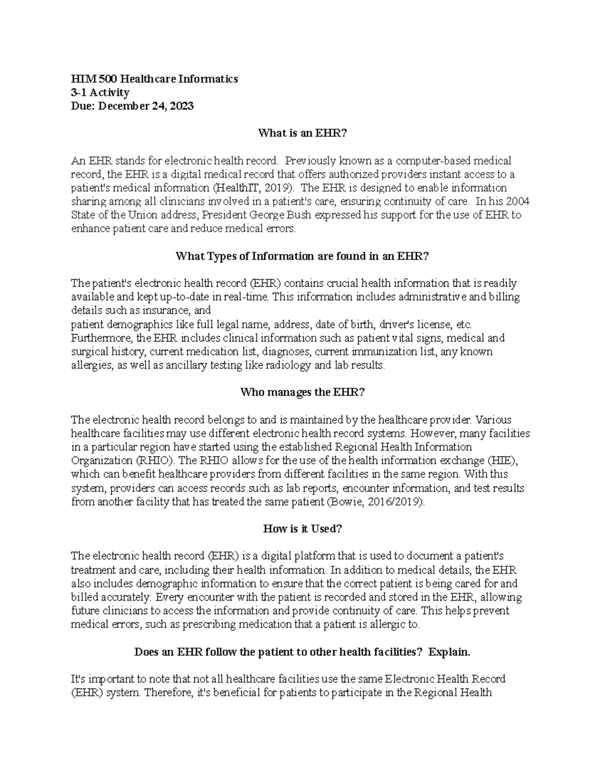 HIM 500 EHR Overview: Importance, Management, and Information Types ...