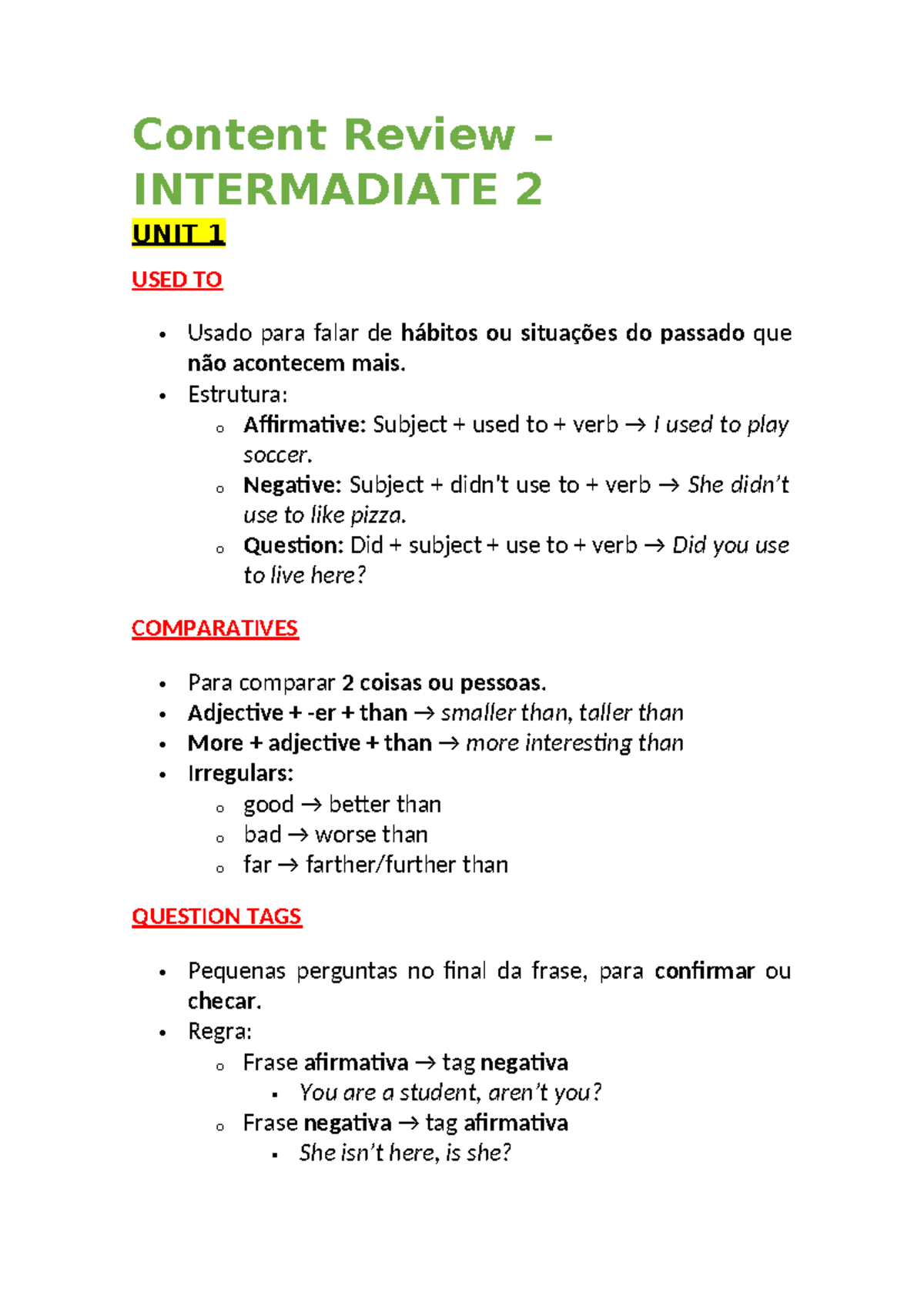 Content Review INTERMEDIATE 2: Grammar & Usage Guide - Studocu