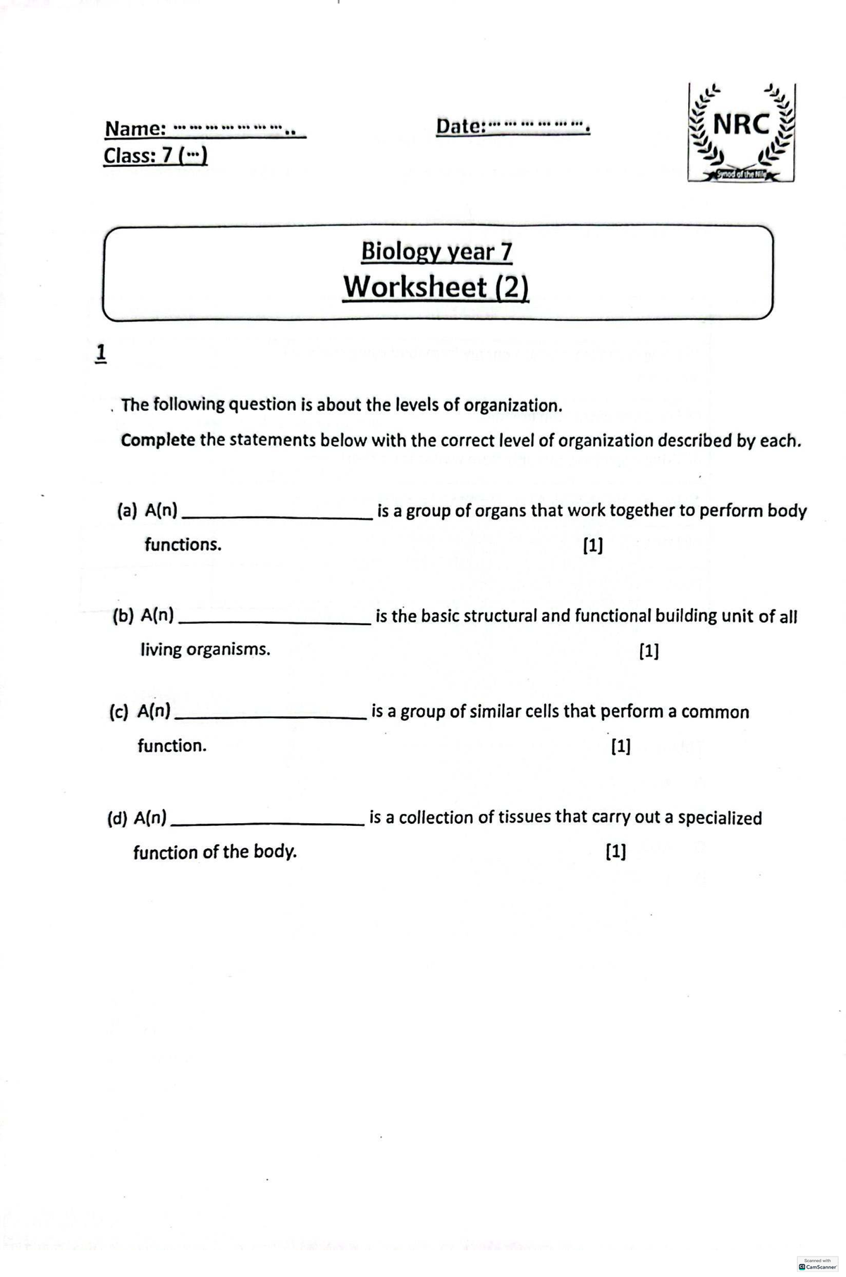 NRC Class 7 Biology Worksheets 2 & 3: Levels of Organization & Life ...