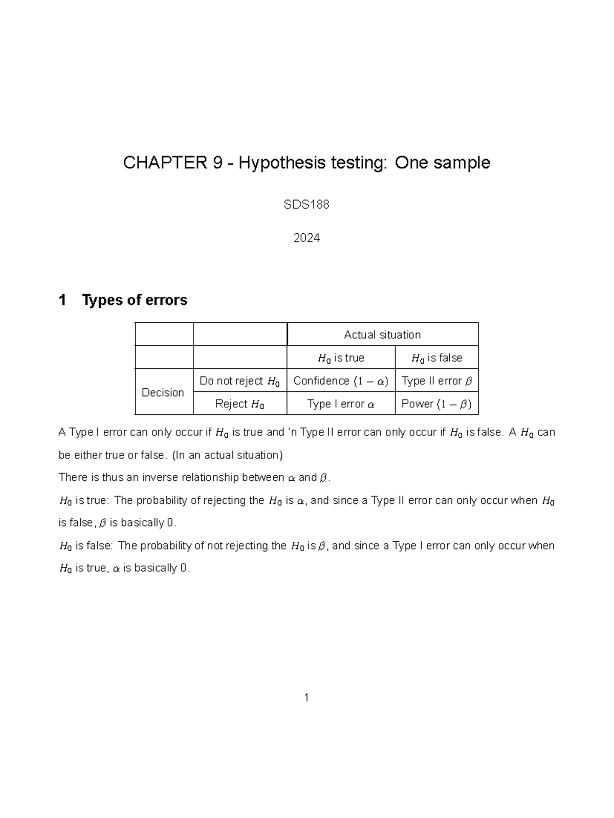Chapter 9 Notes: Hypothesis Testing Basics and Error Types (SDS 2024 ...