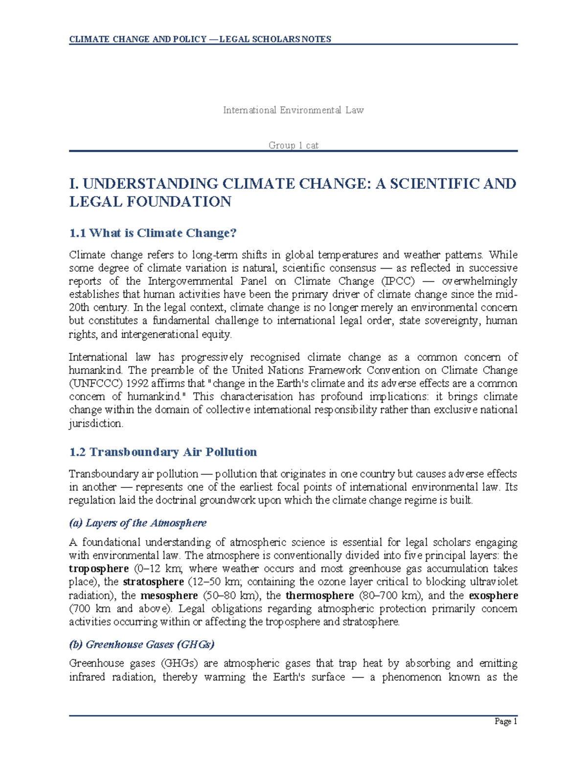 CLIMATE CHANGE AND POLICY: LEGAL SCHOLARS NOTES (INT ENV LAW CAT I ...