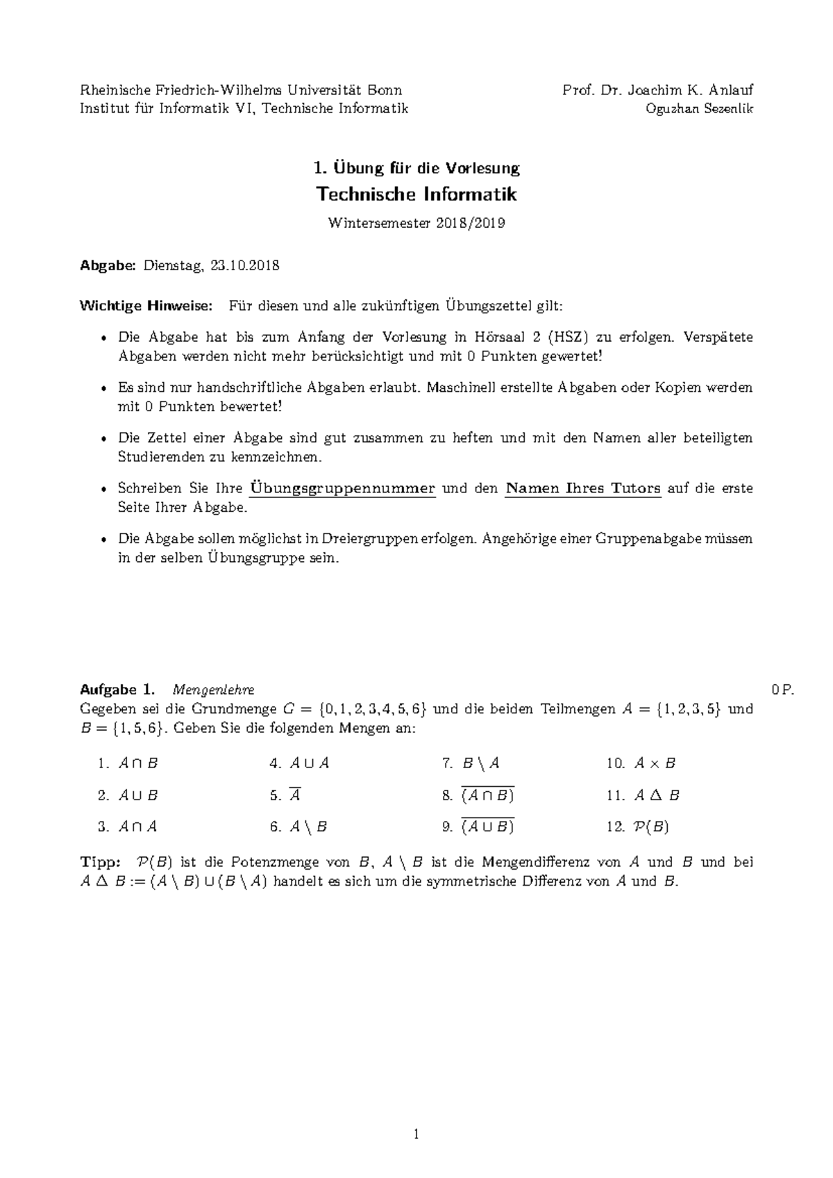 Technische Informatik - Übungszettel 1 - Wintersemester 2023 - Studocu
