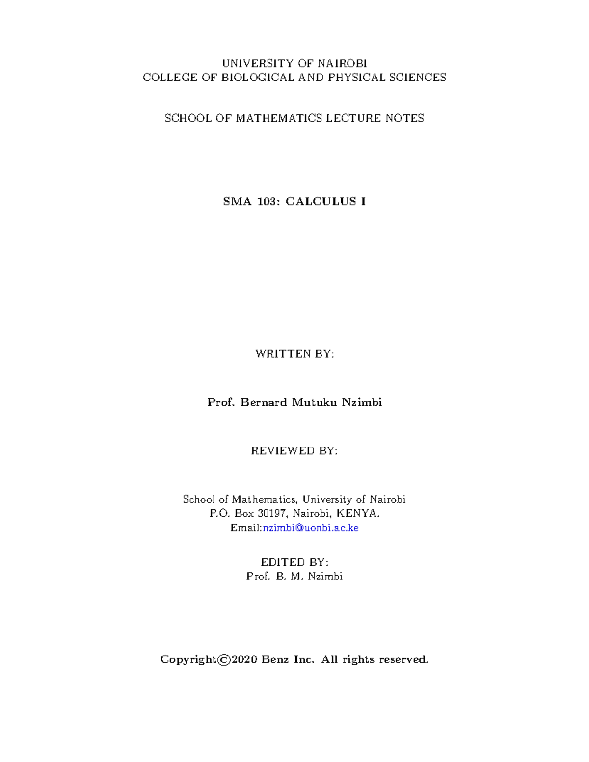 SMA103 Final Exam Lecture Notes on Calculus I - 2021 Edition - Studocu