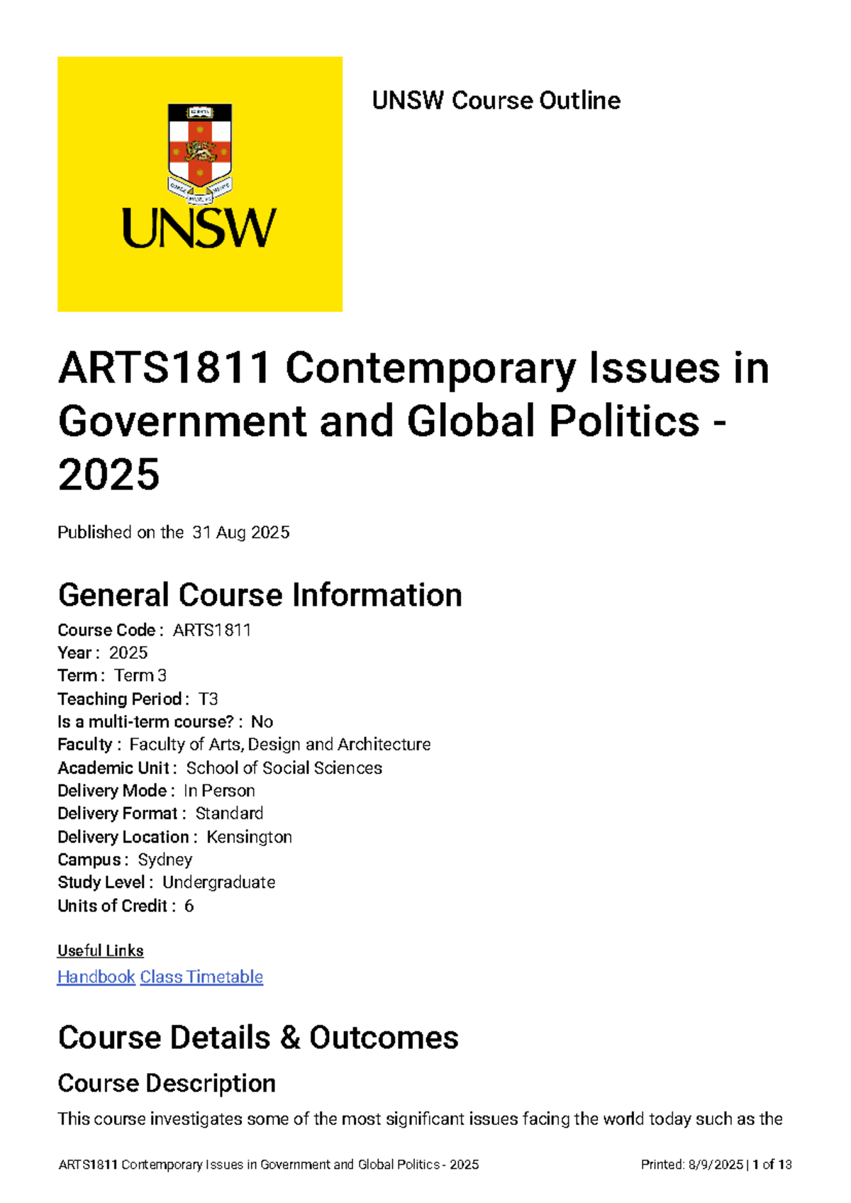 ARTS1811 Course Outline: Contemporary Issues in Government & Global ...