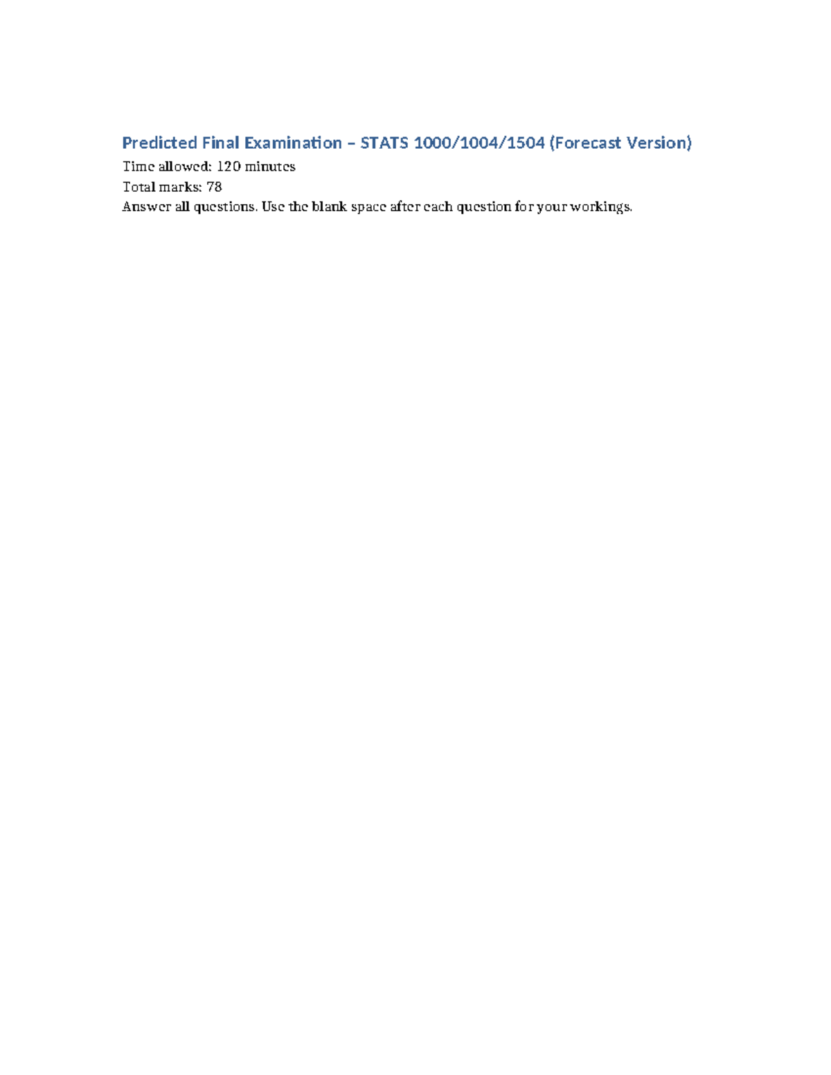 Predicted Final Exam STATS: Key Concepts & Practice Questions - Studocu