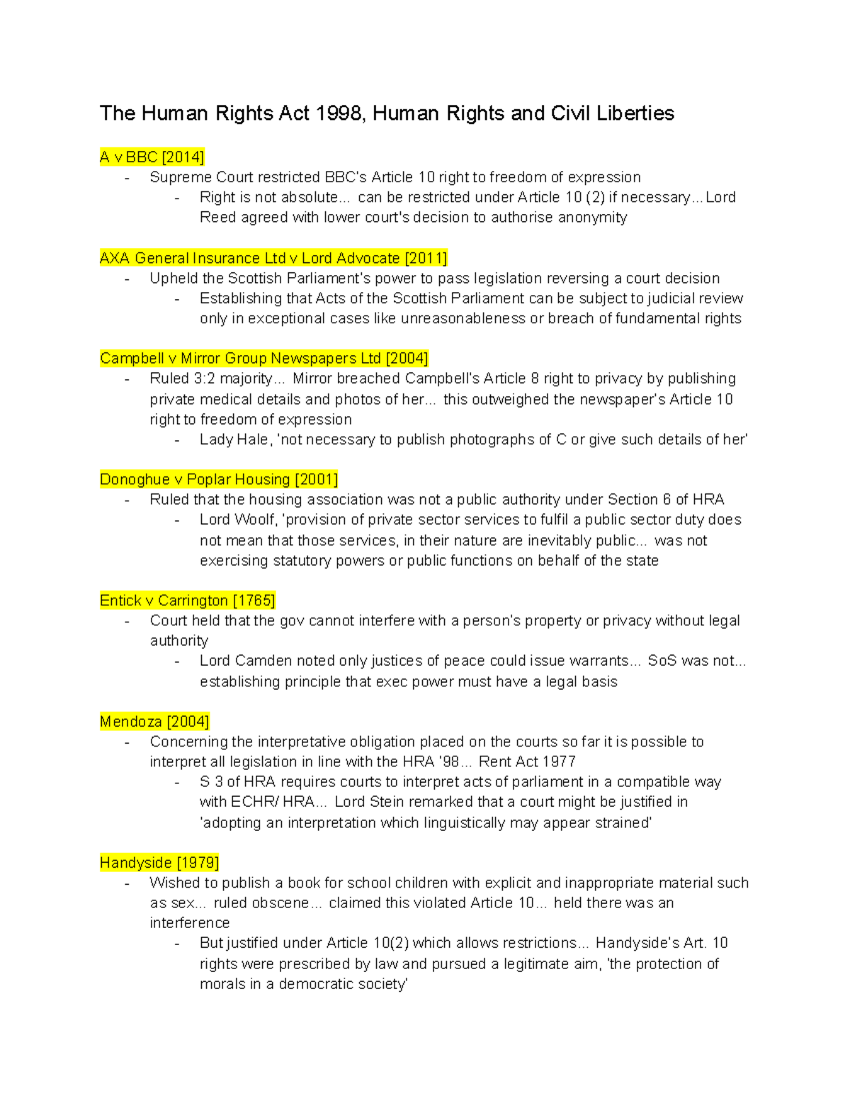 Essential Cases Revision for Human Rights Law (HRA) and Judicial Review ...