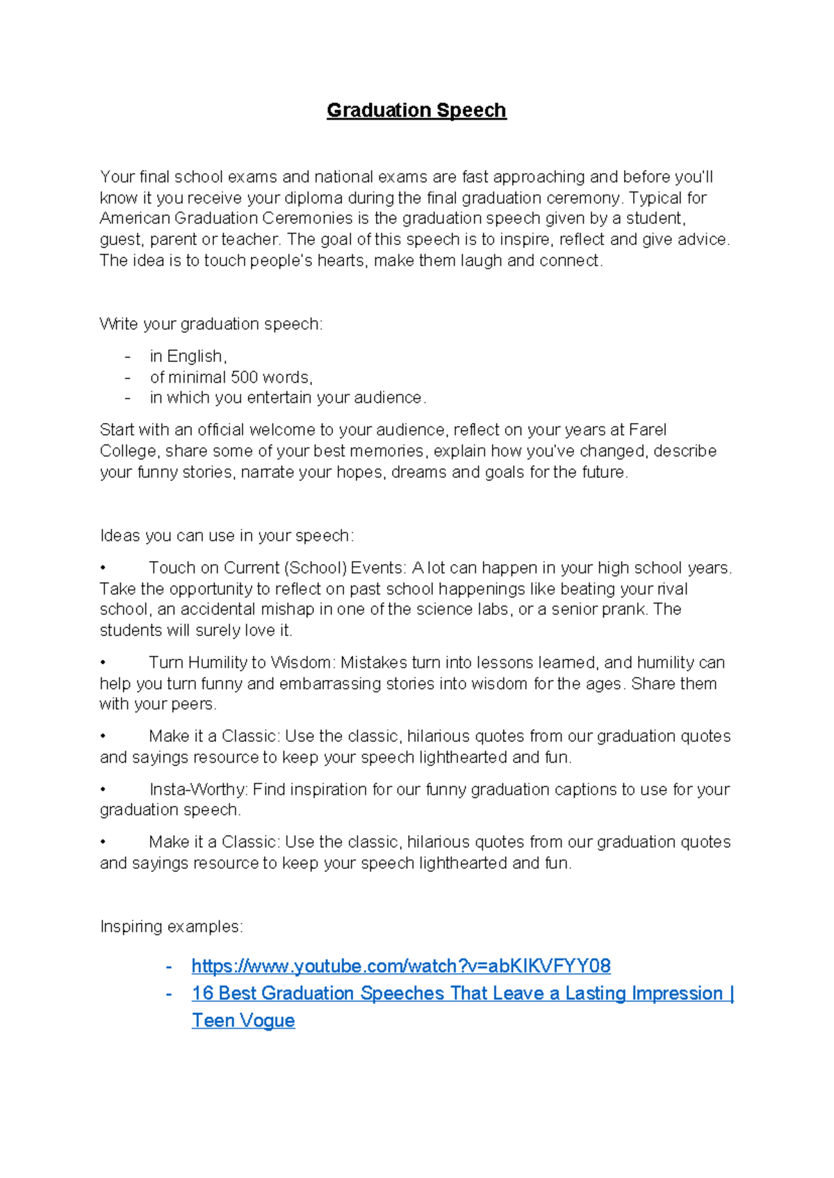GRAD-101 Graduation Speech Assignment: Guidelines and Inspiration ...
