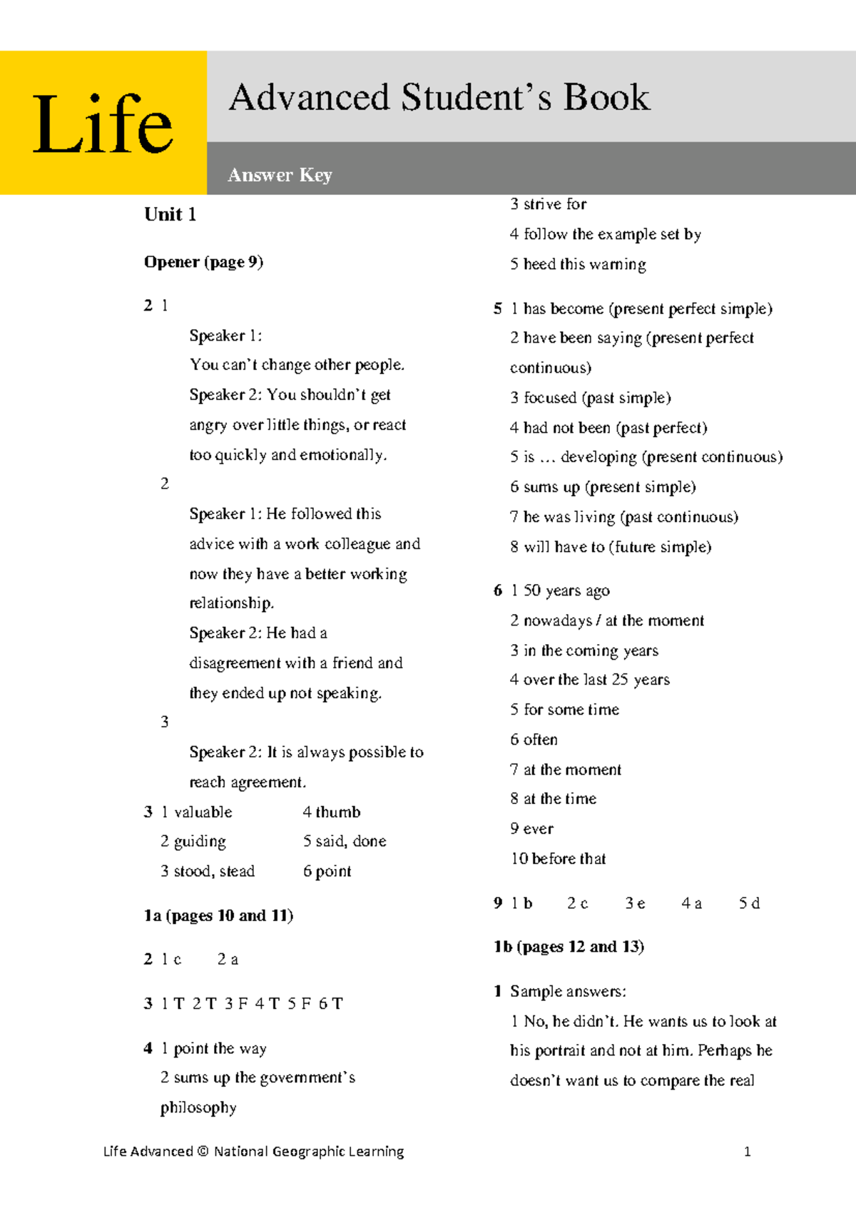 Life Advanced Book 3 Answer Key for Unit 1 Activities and Exercises ...