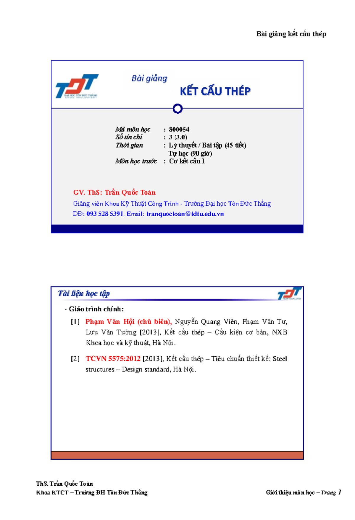 BÀI GIẢNG KẾT CẤU THÉP - Mã môn 800054, ThS Trần Quốc Toàn - Document Preview