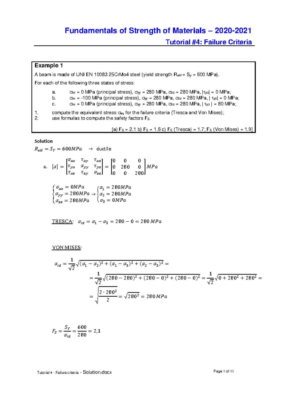 Tutorial 4: Failure Criteria Solutions for Strength of Materials - Studocu