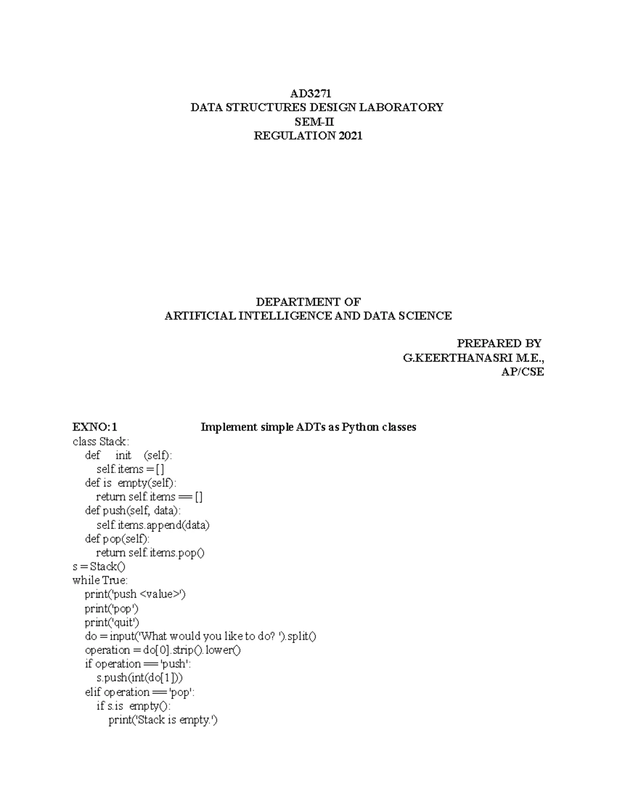 DATA Structures Design CIA Test I (AD3251) Question Paper Set A & B ...