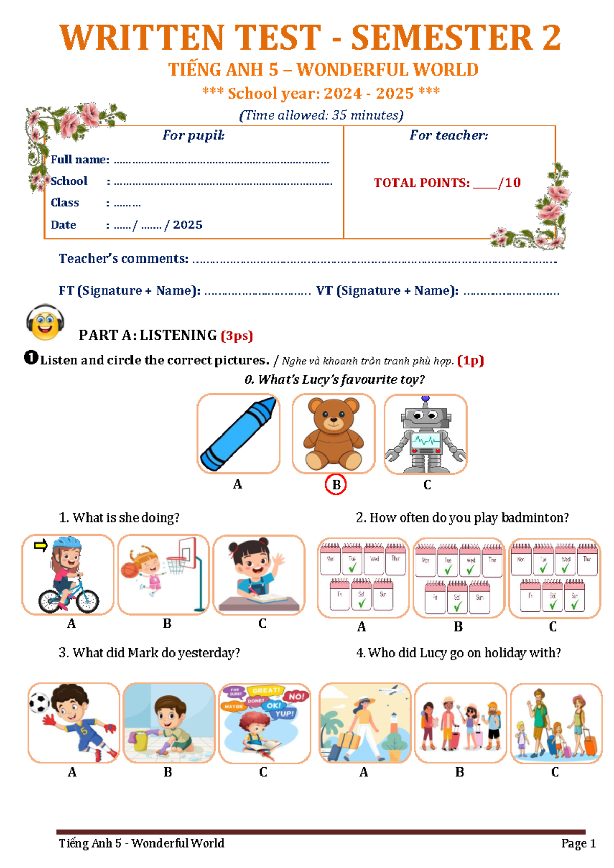 WRITTEN TEST 2 TIẾNG ANH 5 WONDERFUL WORLD 2024-2025 - Studocu