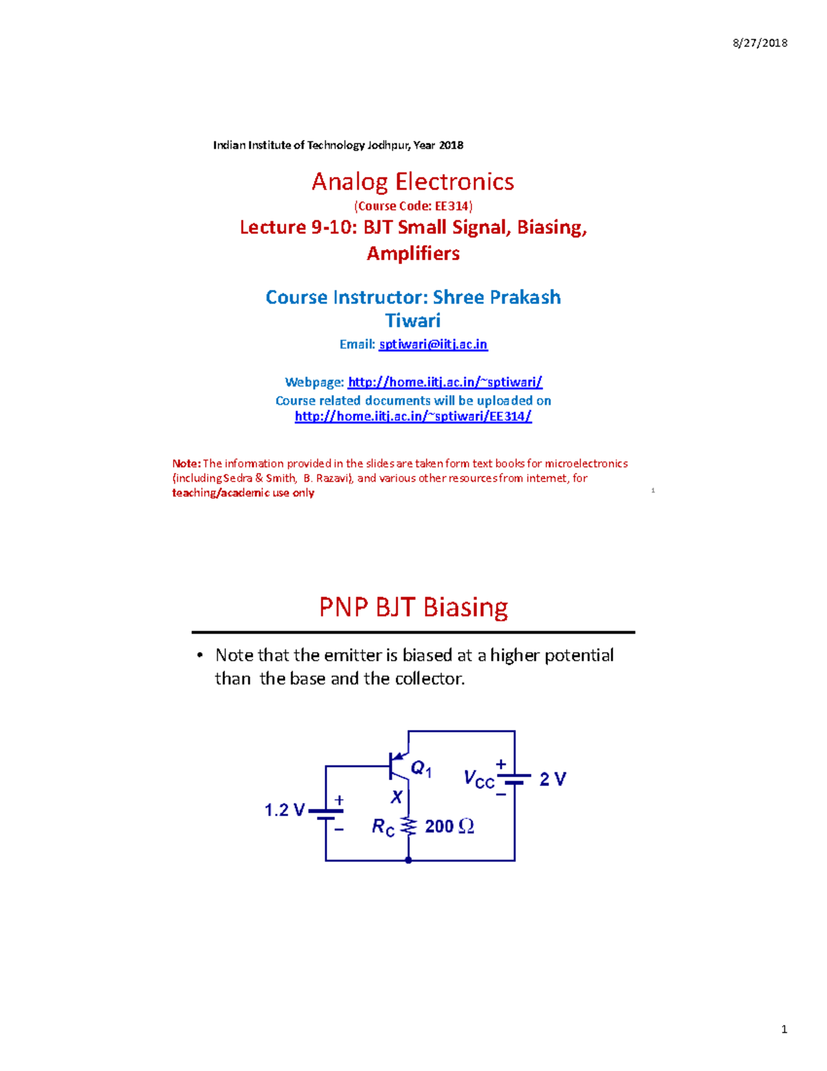 EE314 Analog Electronics Lecture: BJT Small Signal & Biasing Techniques ...