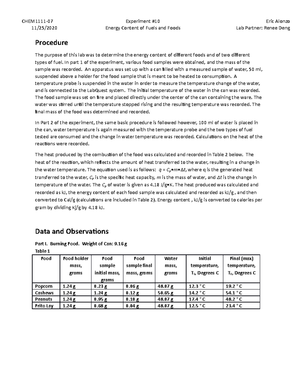 Energy Content of Fuels and Foods Lab (Lab 10) - Analysis and Results ...