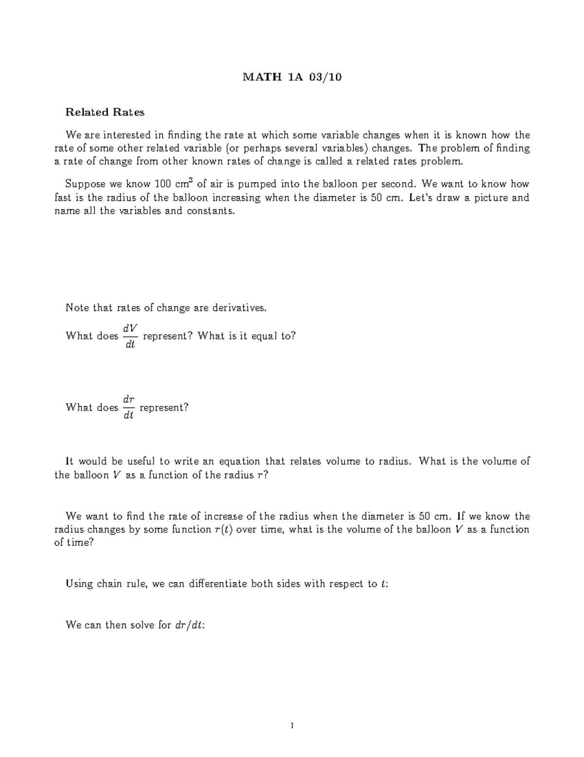 Math+1A+03%3A10 - Cool - MATH 1A 03/ Related Rates We are interested in ...