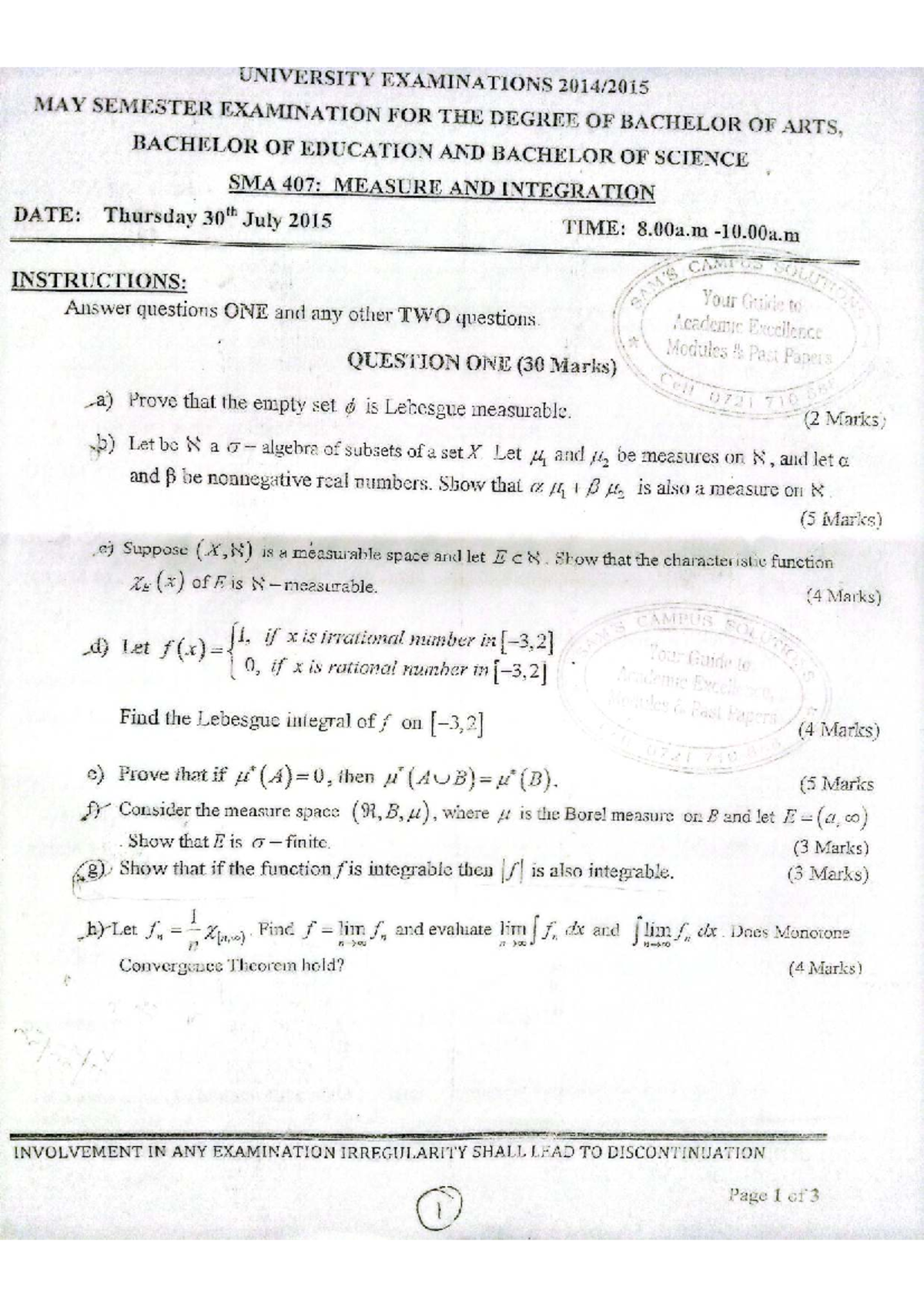 SMA 407: Measure and Integration Past Exam Paper Analysis - Studocu
