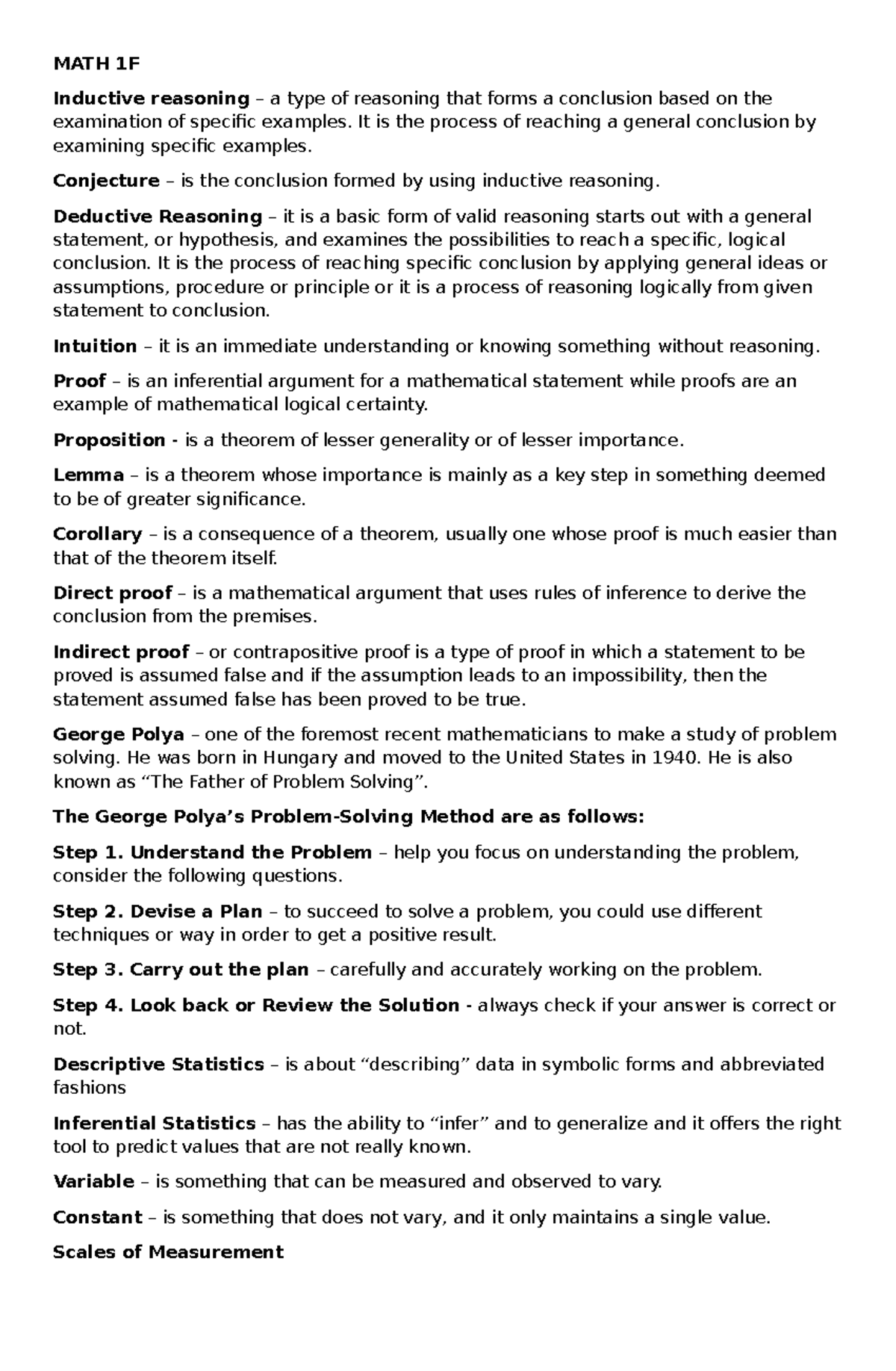 MATH 1F Inductive and Deductive Reasoning: A Comprehensive Review - Studocu