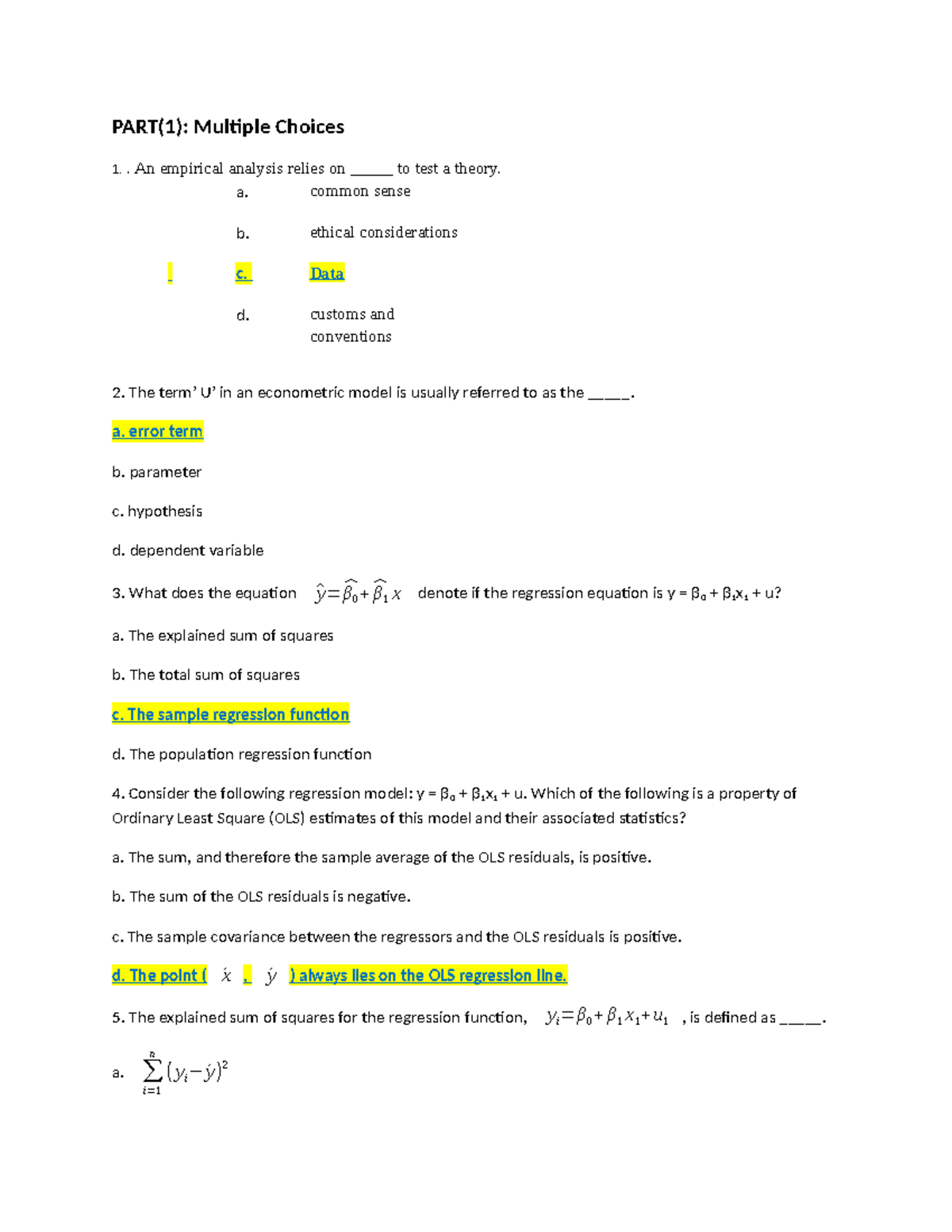 Econometrics Exam Practice Questions and Answers (ECO 301) - Studocu