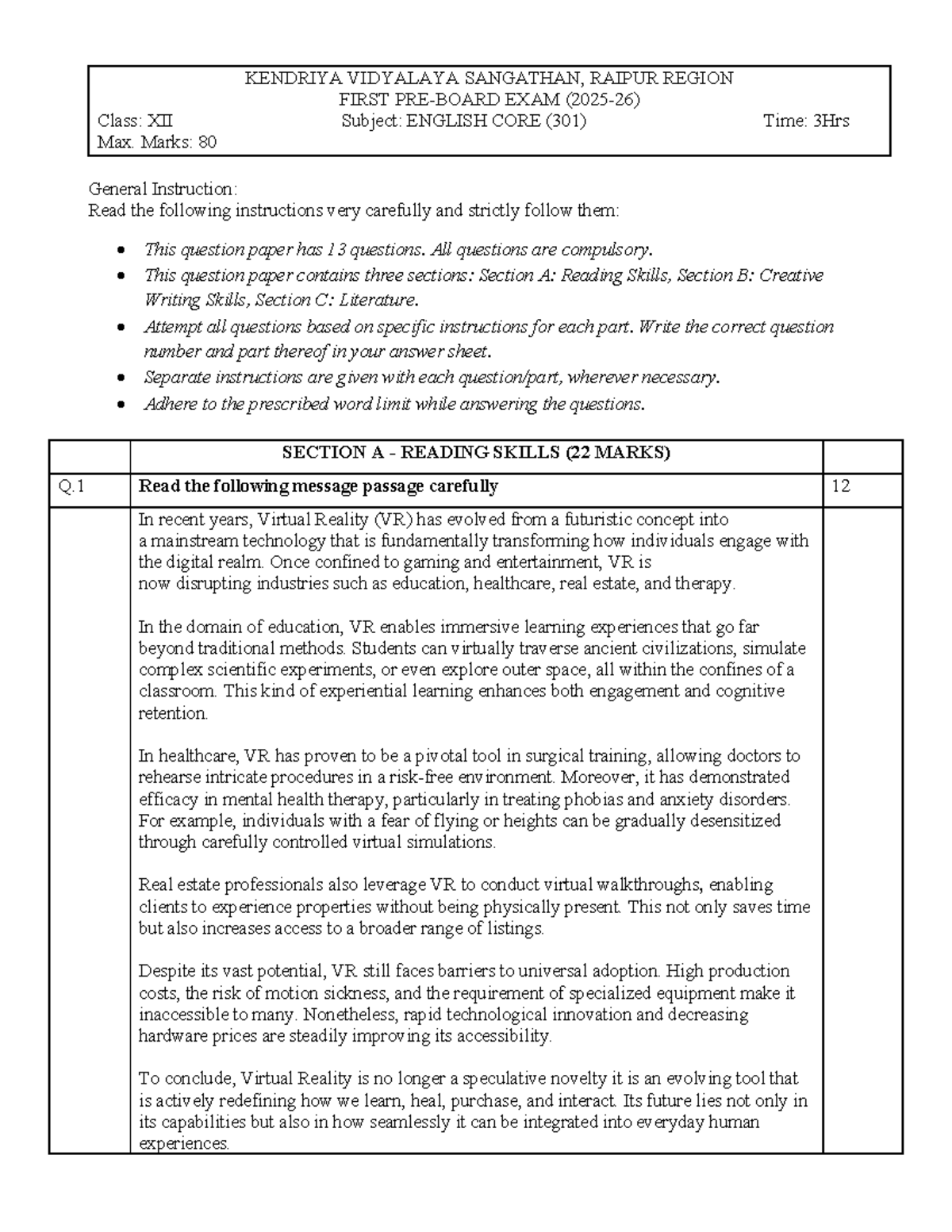 QP English Core XII I PB - First Exam Question Paper Analysis - Studocu