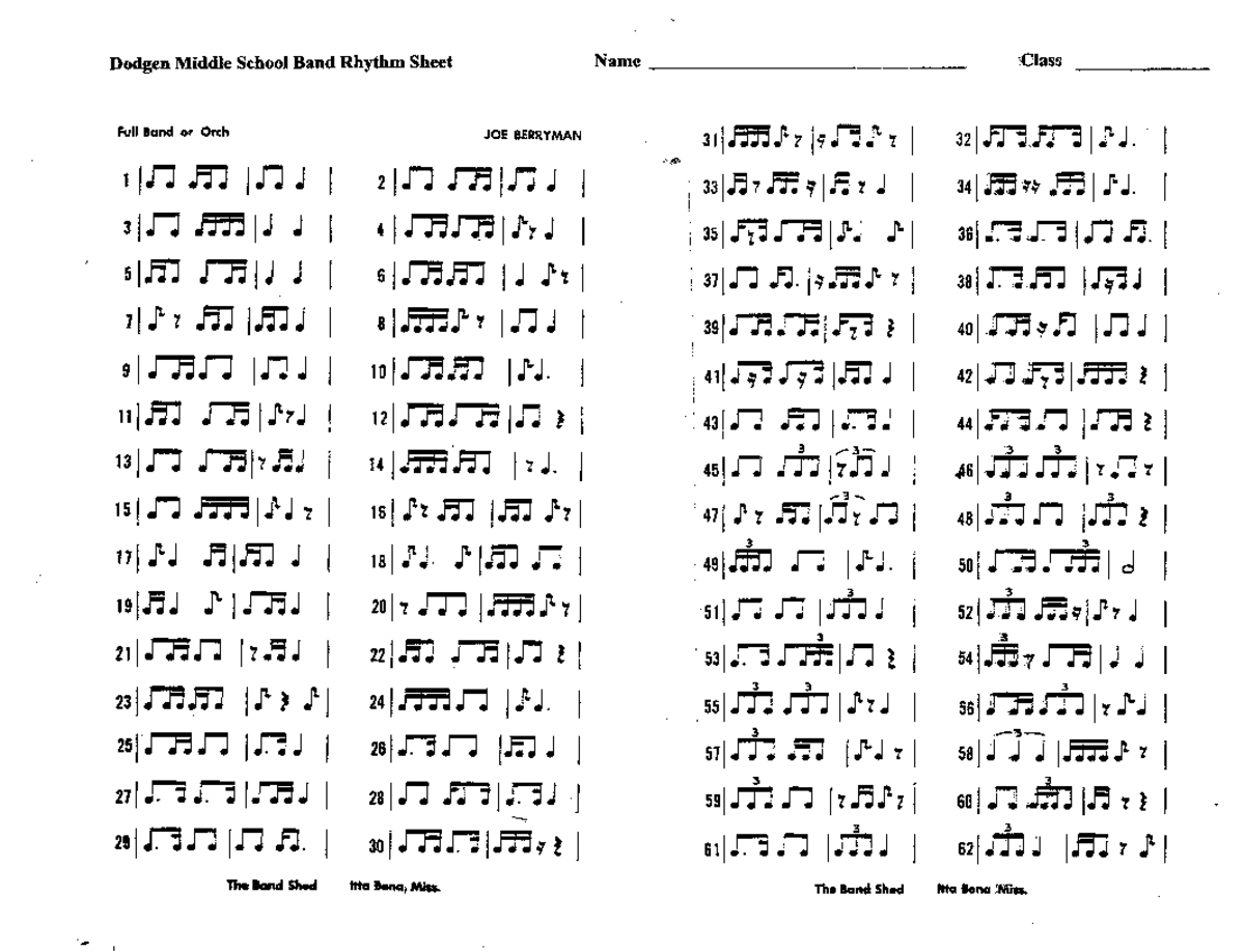 Dodgen MS Band Class: Rhythm Sheet for Joe Berryman - Studocu