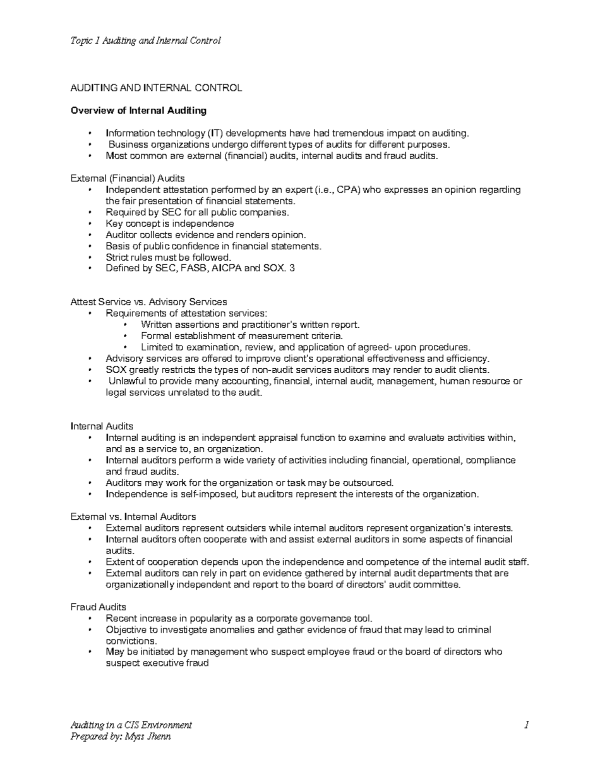 Auditing and Internal Control Overview - Topic 01 Study Notes - Studocu