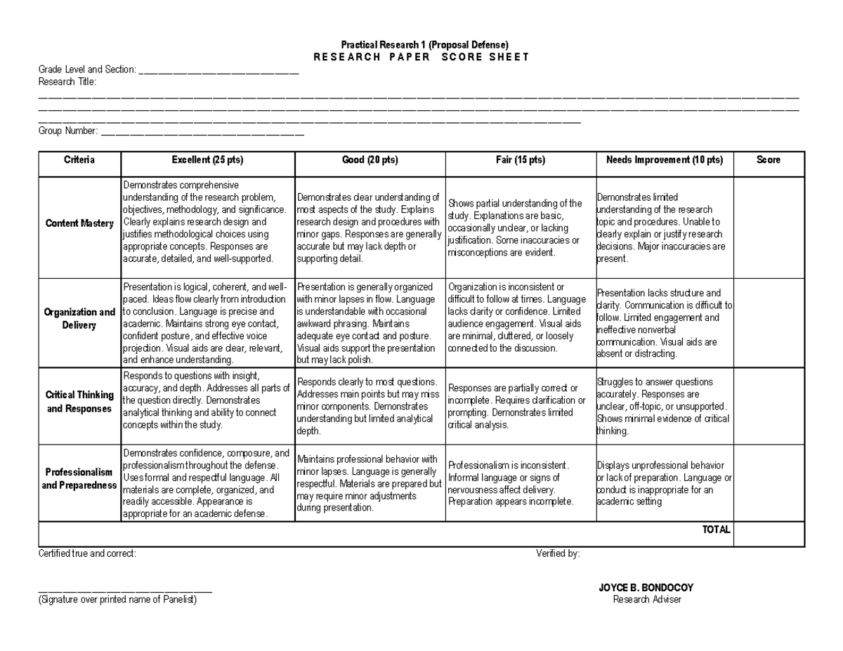 Practical Research 1 (Proposal Defense) Rubrics for Research Evaluation ...