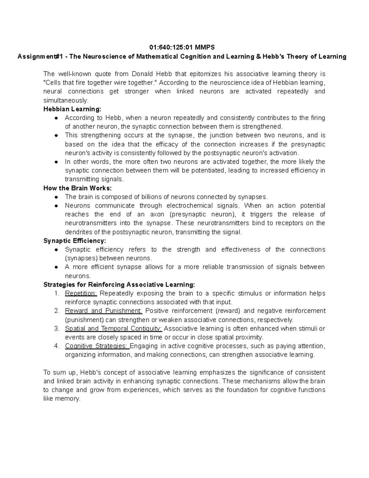 Assignment #1: Neuroscience of Math Cognition & Hebb's Learning Theory ...