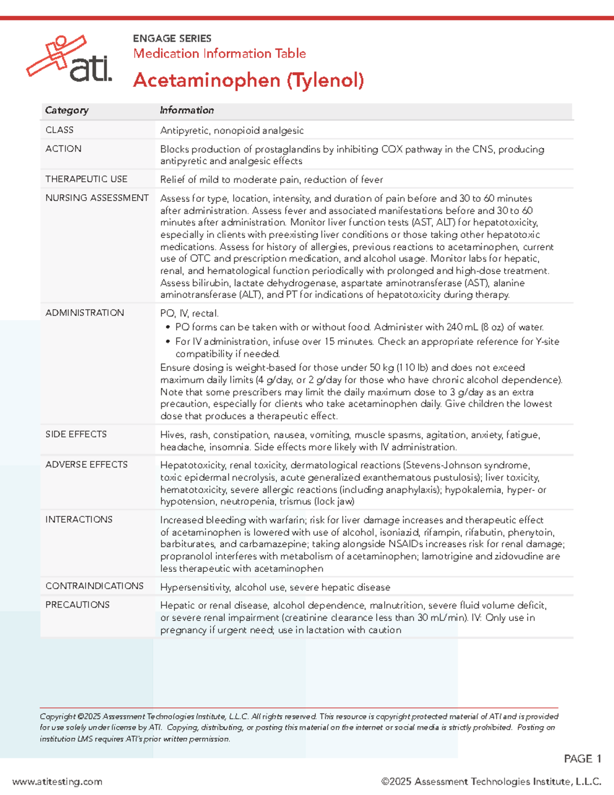 ENGAGE SERIES Medication Table: Acetaminophen (Tylenol) Overview - Studocu