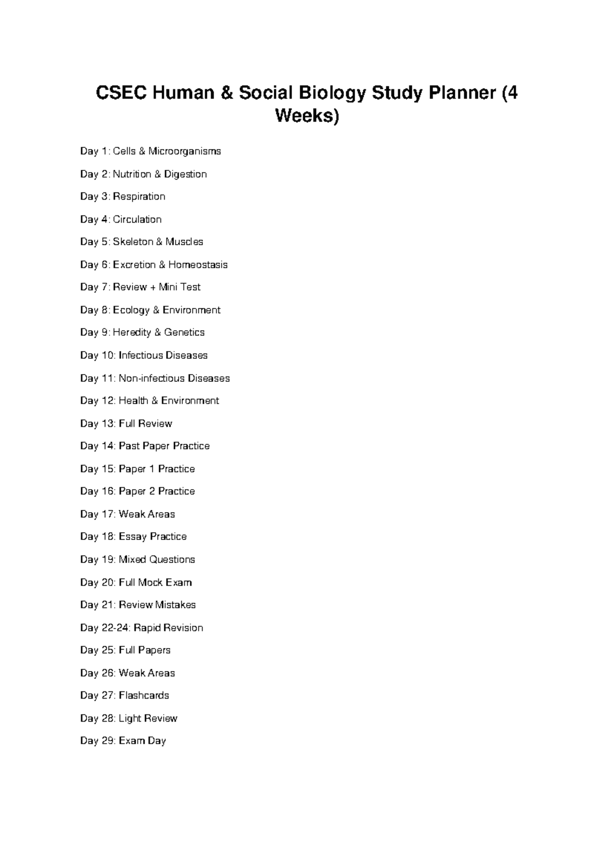 CSEC HSB 4-Week Study Planner: Comprehensive Review & Practice - Studocu