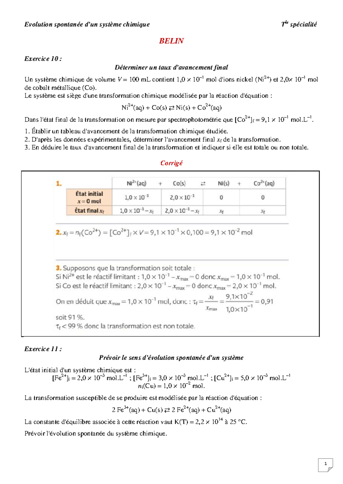 Tle spécialité Évolution spontanée système chimique : Exercices et ...