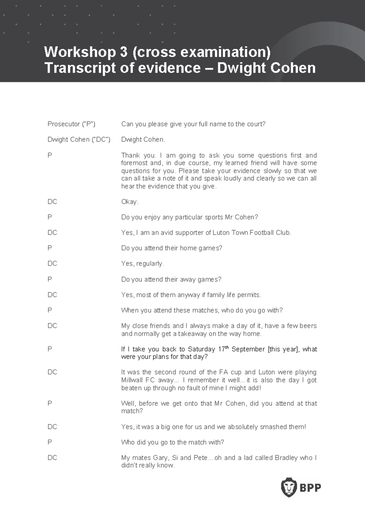 BTC2 XX W3 Workshop 3 Transcript: Cross Examination of Dwight Cohen ...